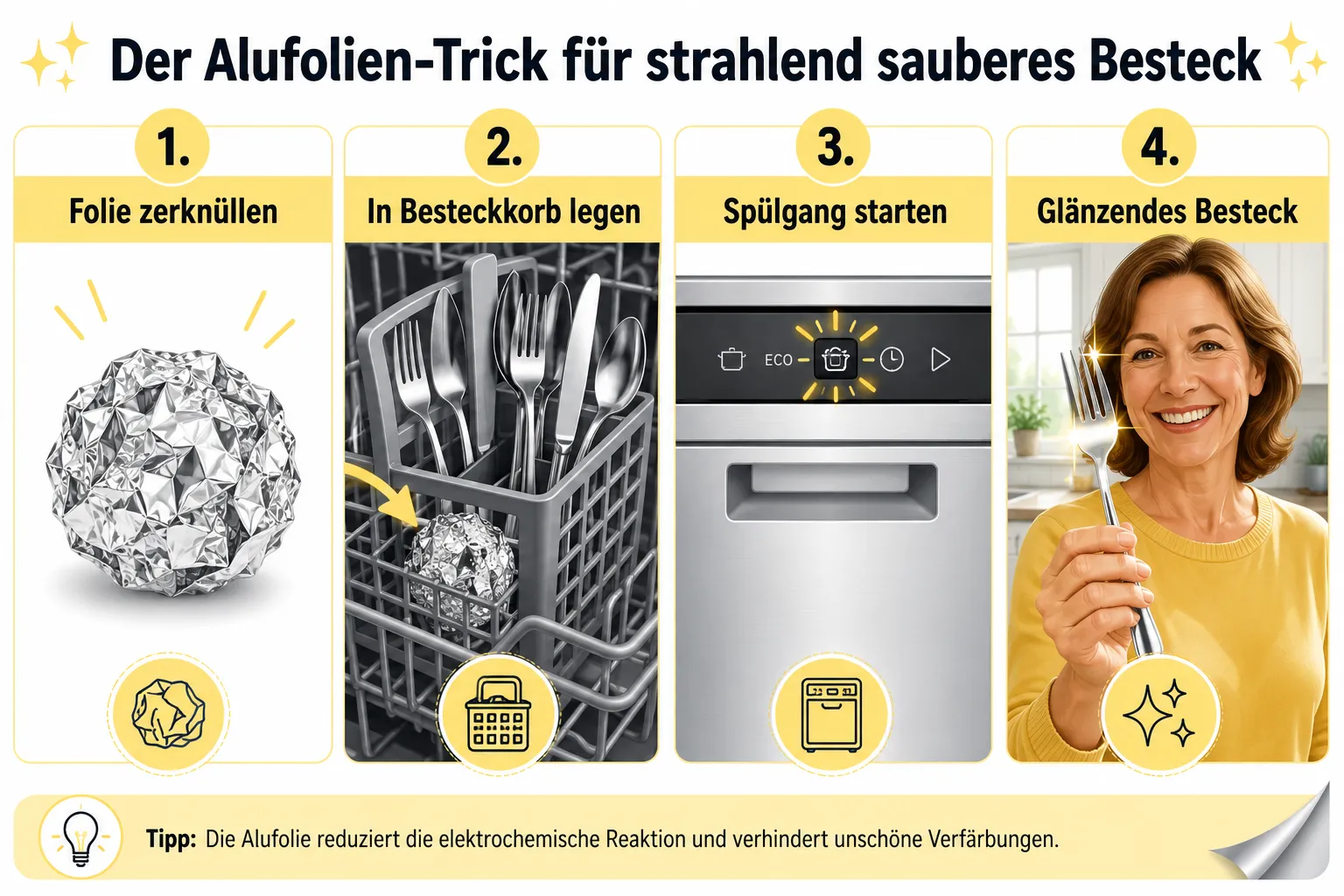 Was tun bei Flugrost auf Besteck aus der Spülmaschine? Der Alufolien-Trick 3 Alternative Methoden zu Alufolie gegen Flugrost