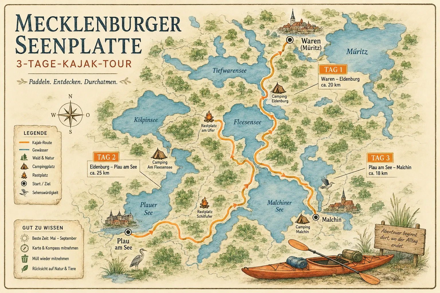 Beste Kajak-Camping-Routen Mecklenburger Seenplatte: 3 Tage im Detail