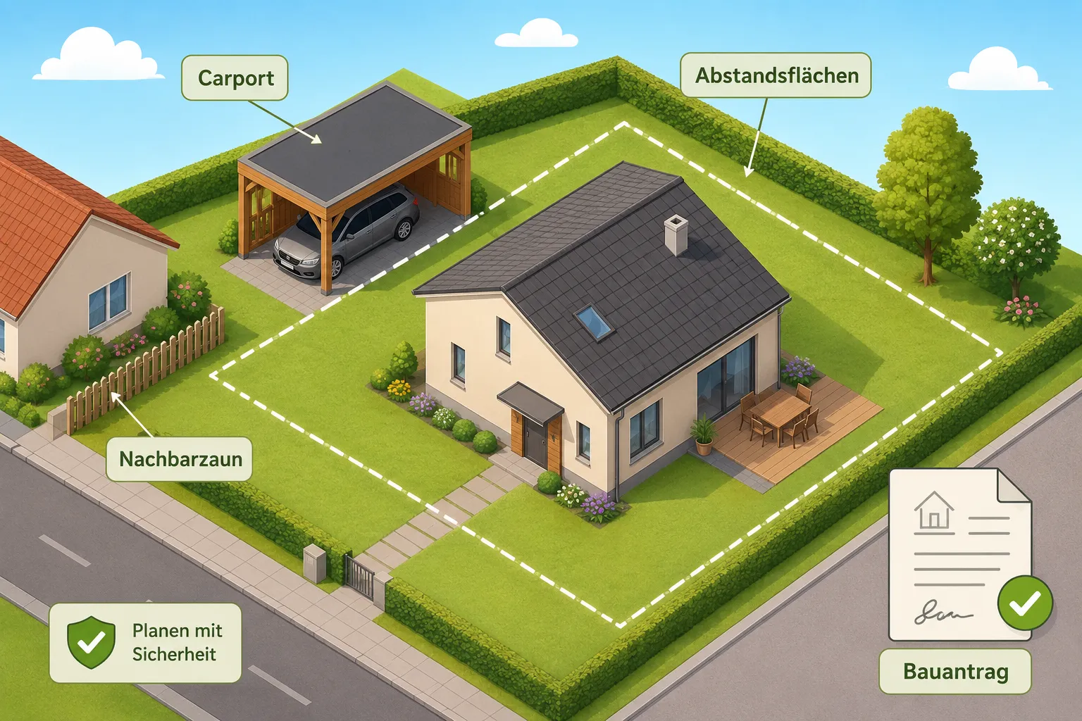 Carport auf dem eigenen Grundstück: Wann eine Baugenehmigung erforderlich ist 3 Carport auf dem Grundstück: Abstand zum Nachbarn und Vorschriften