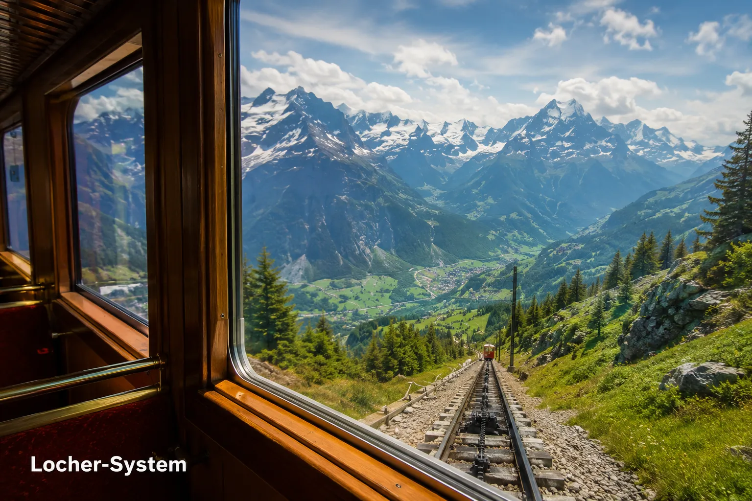 Editorial () cinematic photograph taken from inside a historic Swiss cogwheel railway car looking out the large window at a