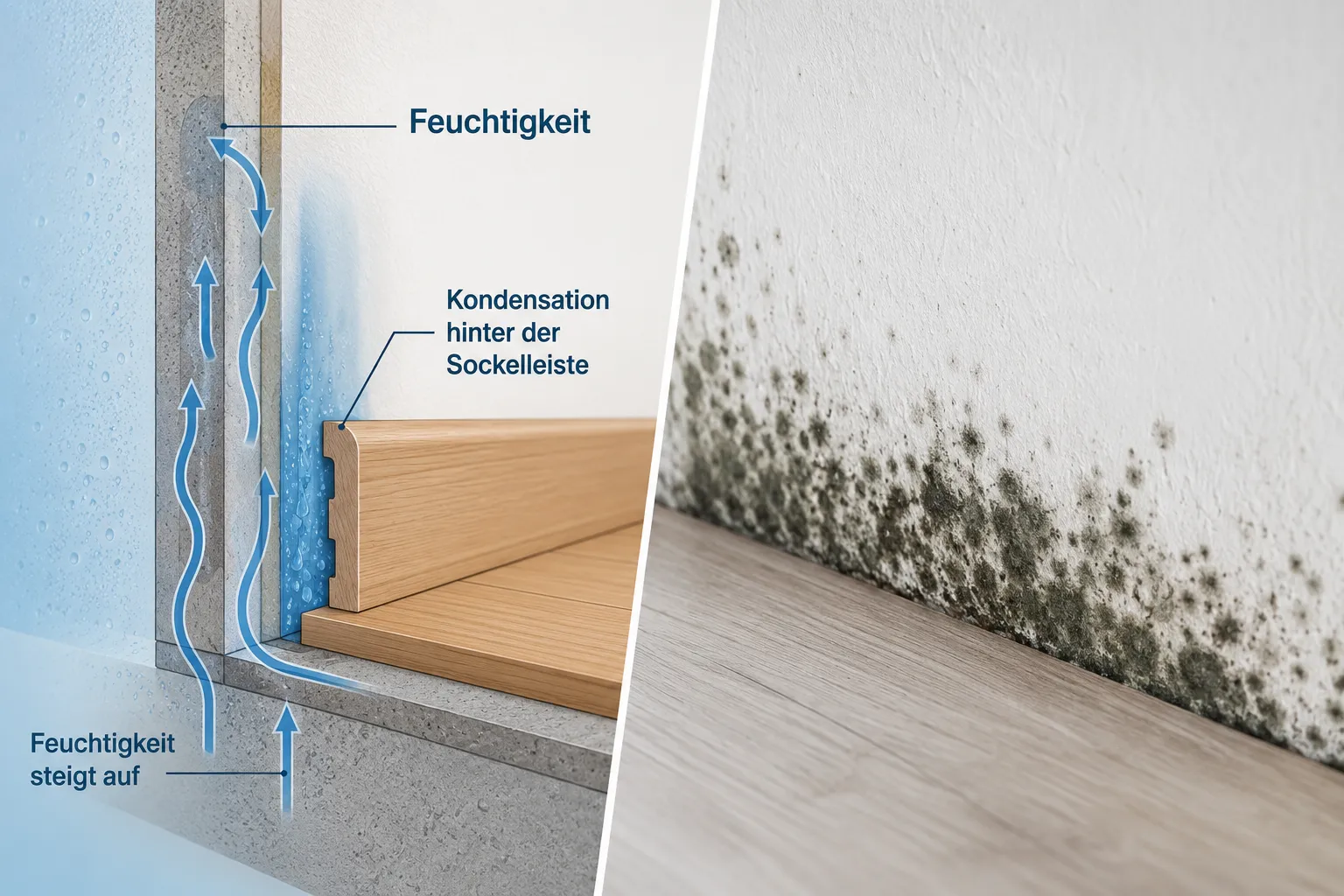 Schimmelbefall hinter der Fußleiste: So erkennst und sanierst du ihn selbst 2 Editorial () split-screen illustration: left side shows a bright cross-section diagram of a wall and floor junction with a