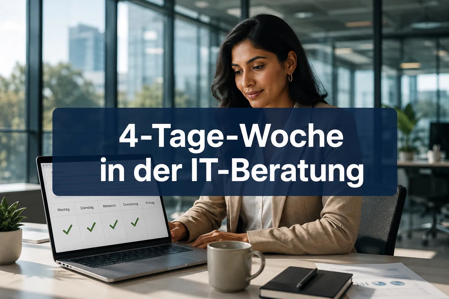 Professional () hero image with (≤42 chars): '4-Tage-Woche in der IT-Beratung' in crisp white on a deep navy