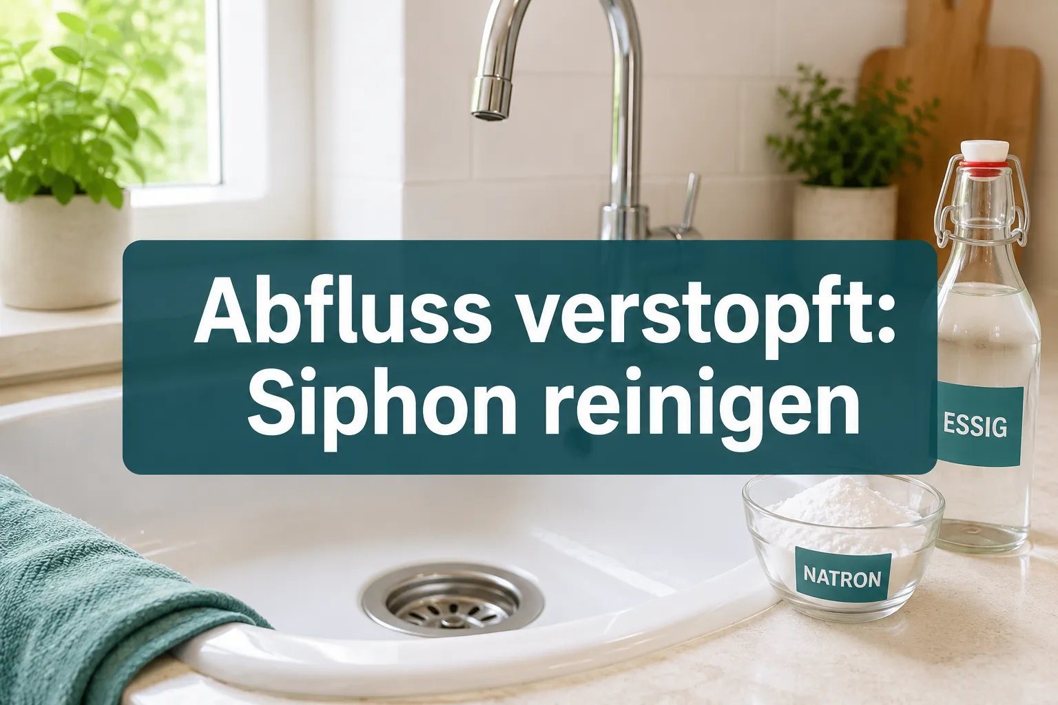 Professional () hero image with (≤42 chars): 'Abfluss verstopft: Siphon reinigen' in crisp white on a semi-transparent dark