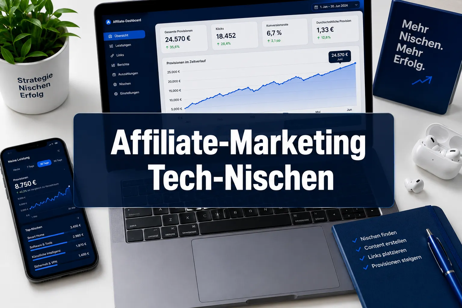 Professional () hero image with (≤42 chars): 'Affiliate-Marketing Tech-Nischen' in crisp white on a deep navy