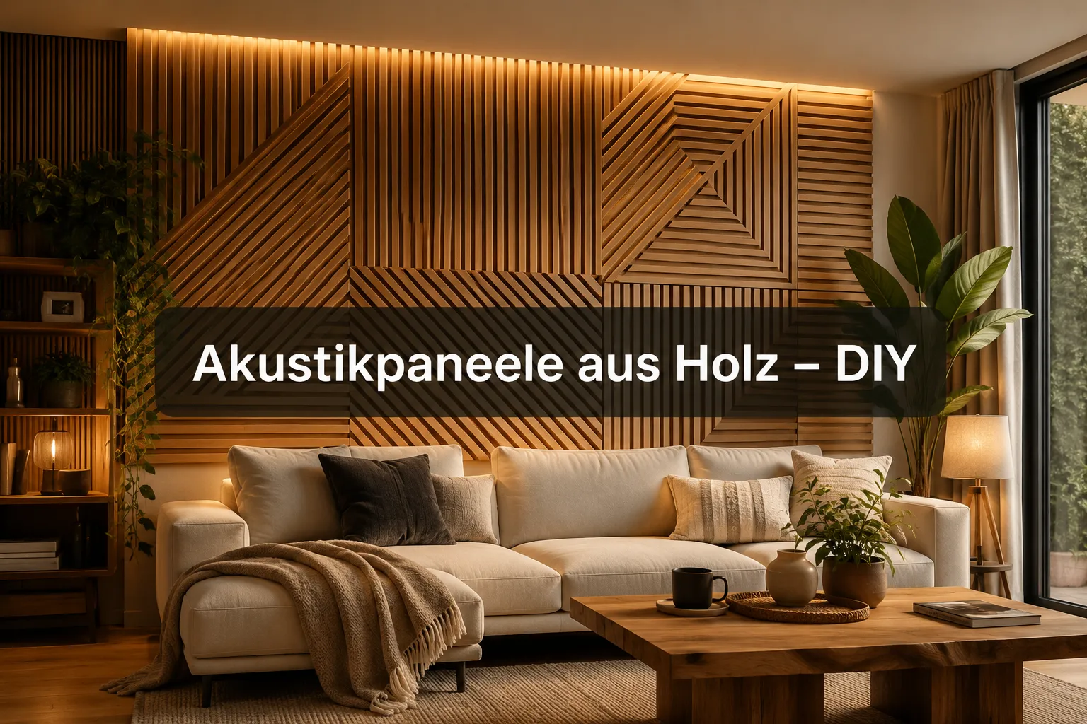 Raumakustik verbessern: Stylische Akustikpaneele aus Holzleisten selber bauen 1 Professional () hero image with (≤42 chars): 'Akustikpaneele aus Holz – DIY' in crisp white on a semi-transparent dark