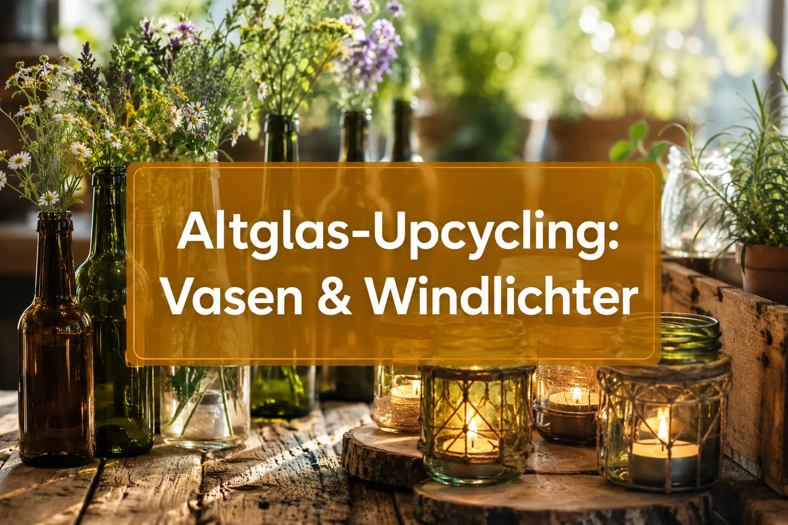 Altglas-Upcycling: Edle Vasen und Windlichter aus Leergut gestalten 1 Professional () hero image with (≤42 chars): 'Altglas-Upcycling: Vasen & Windlichter' in crisp white on a warm amber