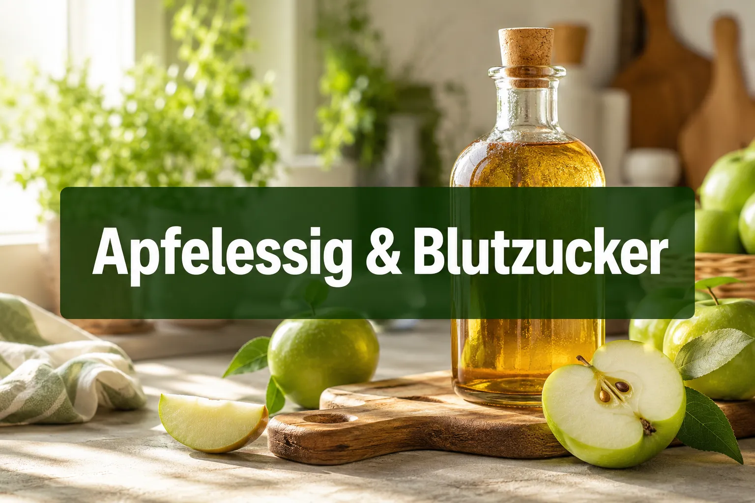 Apfelessig vor dem Essen: Was bringt der Trend wirklich für den Blutzucker? 1 Professional () hero image with (≤42 chars): 'Apfelessig & Blutzucker' in crisp white on a semi-transparent dark green