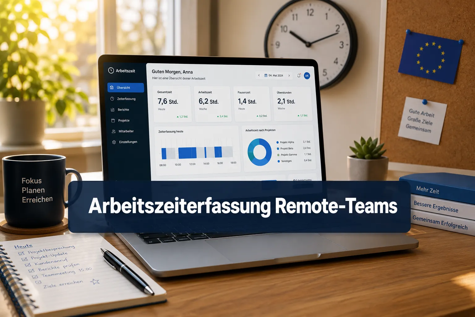Professional () hero image with (≤42 chars): 'Arbeitszeiterfassung Remote-Teams' in crisp white centered on a deep navy