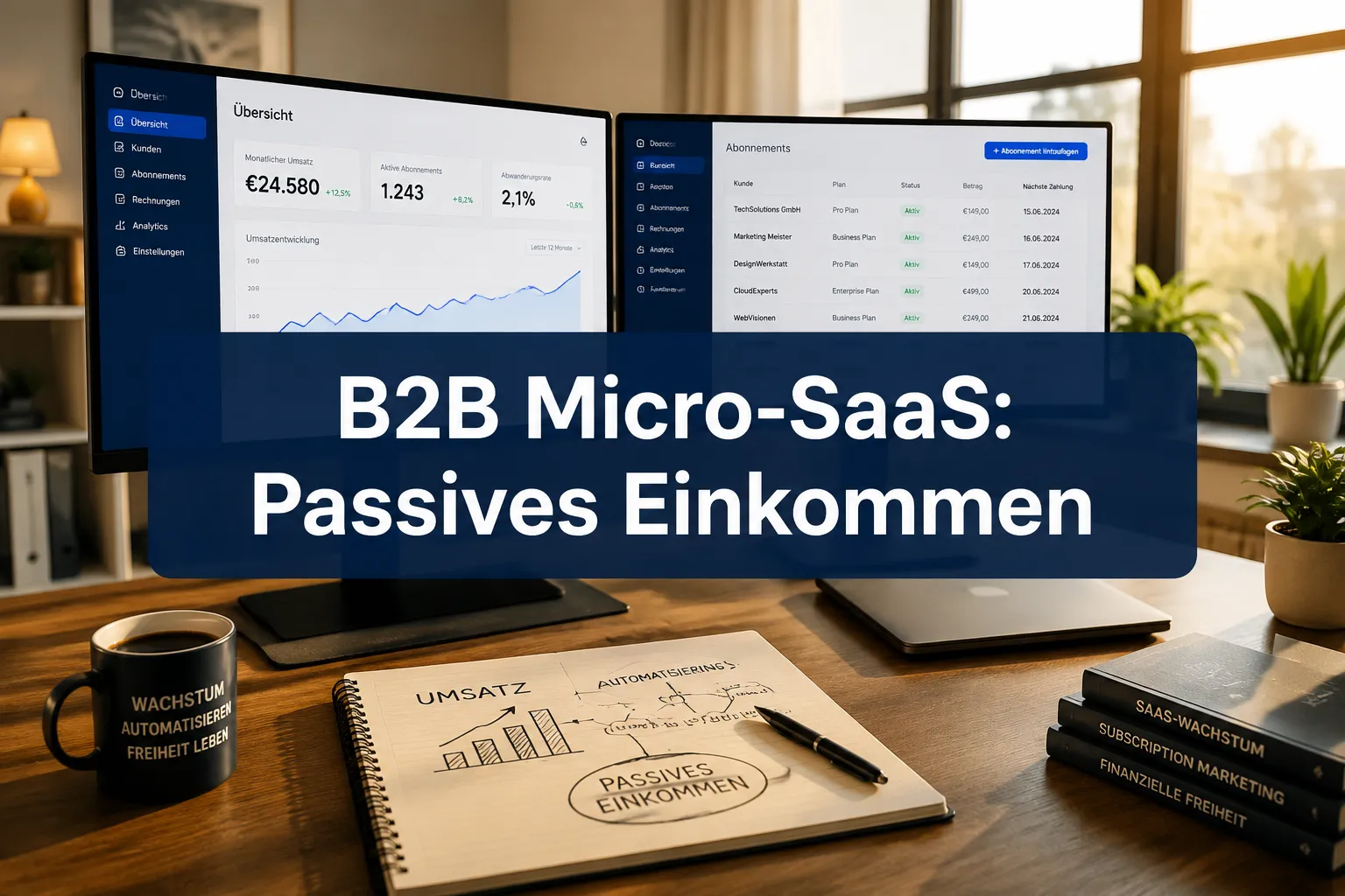 Passives Einkommen mit B2B-Micro-SaaS: Vom Side-Business zur profitablen Software 1 Professional () hero image with (≤42 chars): 'B2B Micro-SaaS: Passives Einkommen', crisp white on a deep navy