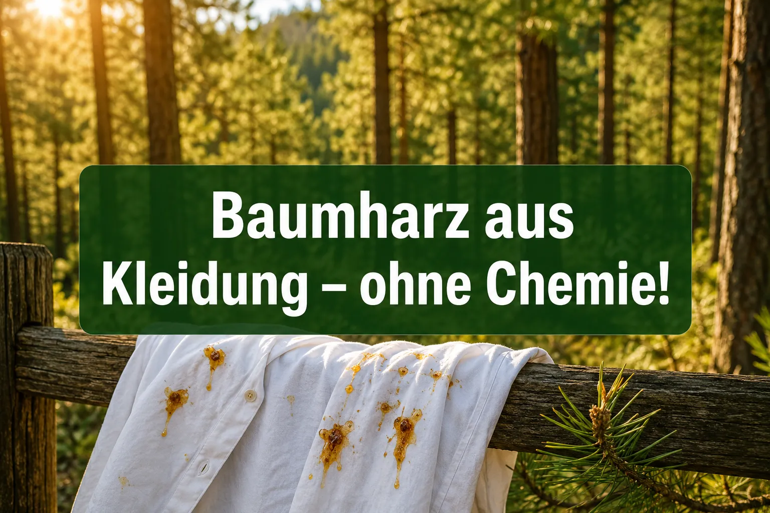 Professional () hero image with (≤42 chars): 'Baumharz aus Kleidung – ohne Chemie!' in crisp white on a semi-transparent