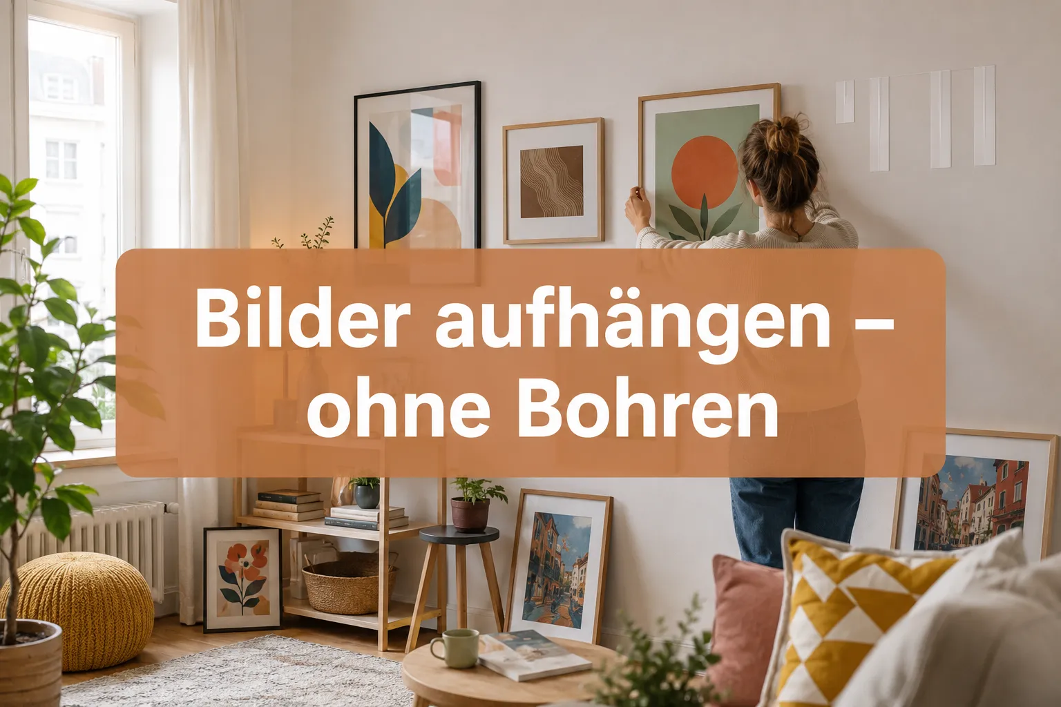 Professional () hero image with (≤42 chars): 'Bilder aufhängen – ohne Bohren' in crisp white centered on a warm