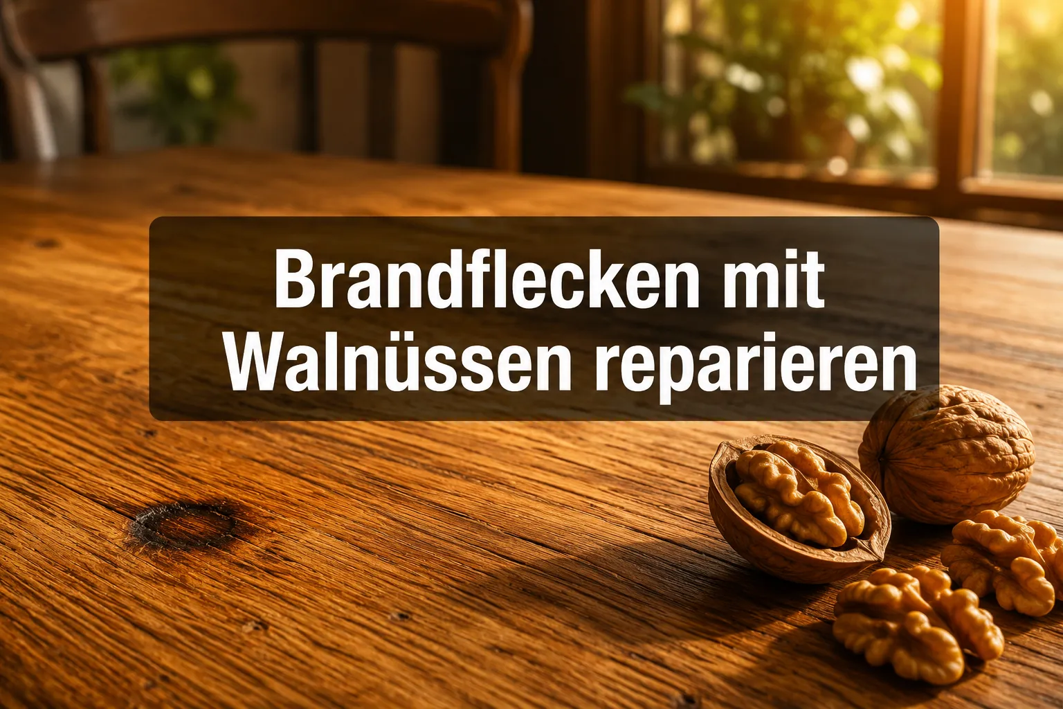 Wie man Brandflecken auf Echtholzmöbeln mit Walnüssen unsichtbar macht 1 Professional () hero image with (≤42 chars): 'Brandflecken mit Walnüssen reparieren' in crisp white on a warm
