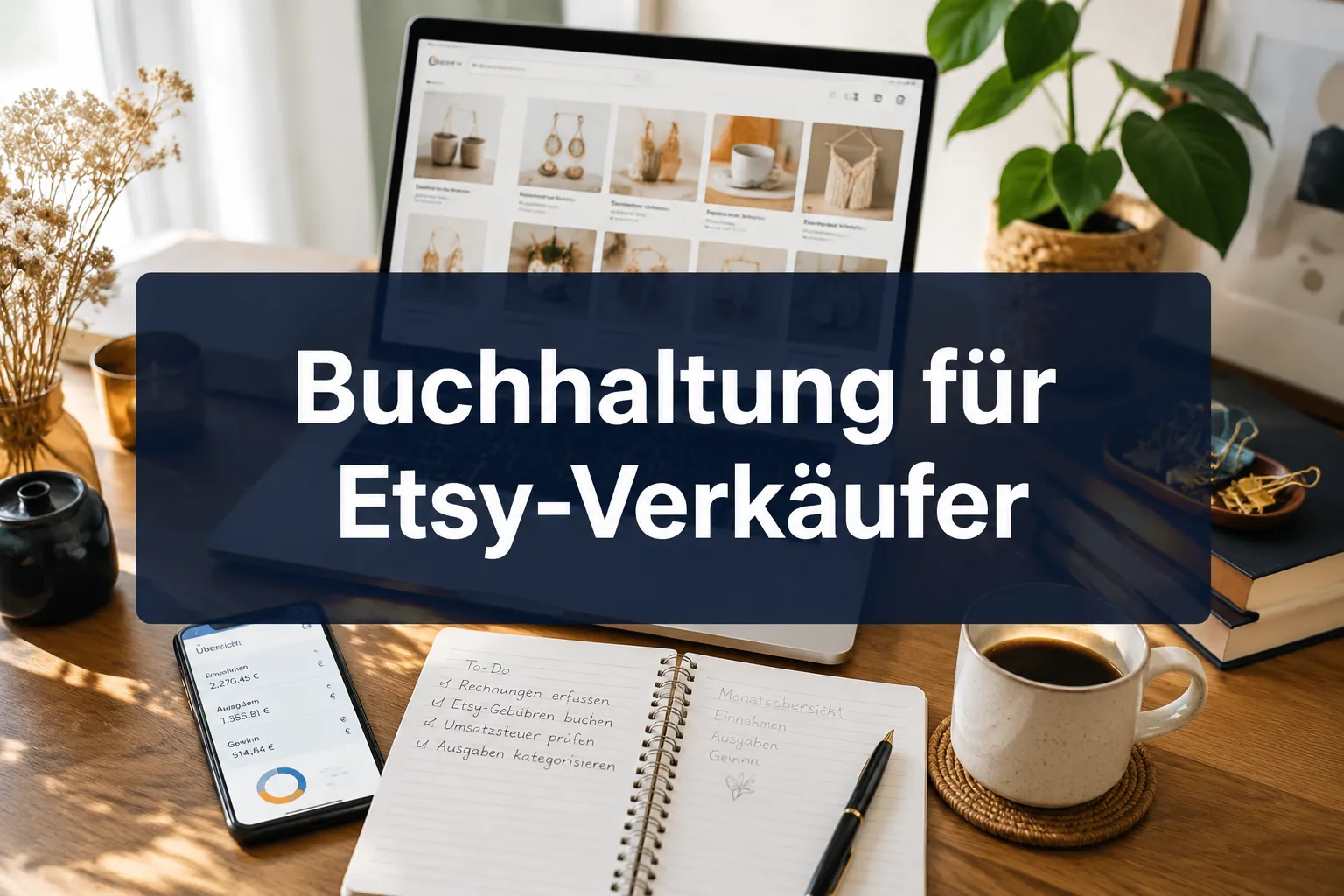 Buchhaltung für Etsy-Verkäufer: Die besten sevDesk- und Lexoffice-Schnittstellen im Test 1 Professional () hero image with (≤42 chars): 'Buchhaltung für Etsy-Verkäufer' in crisp white on a deep navy semi-transparent