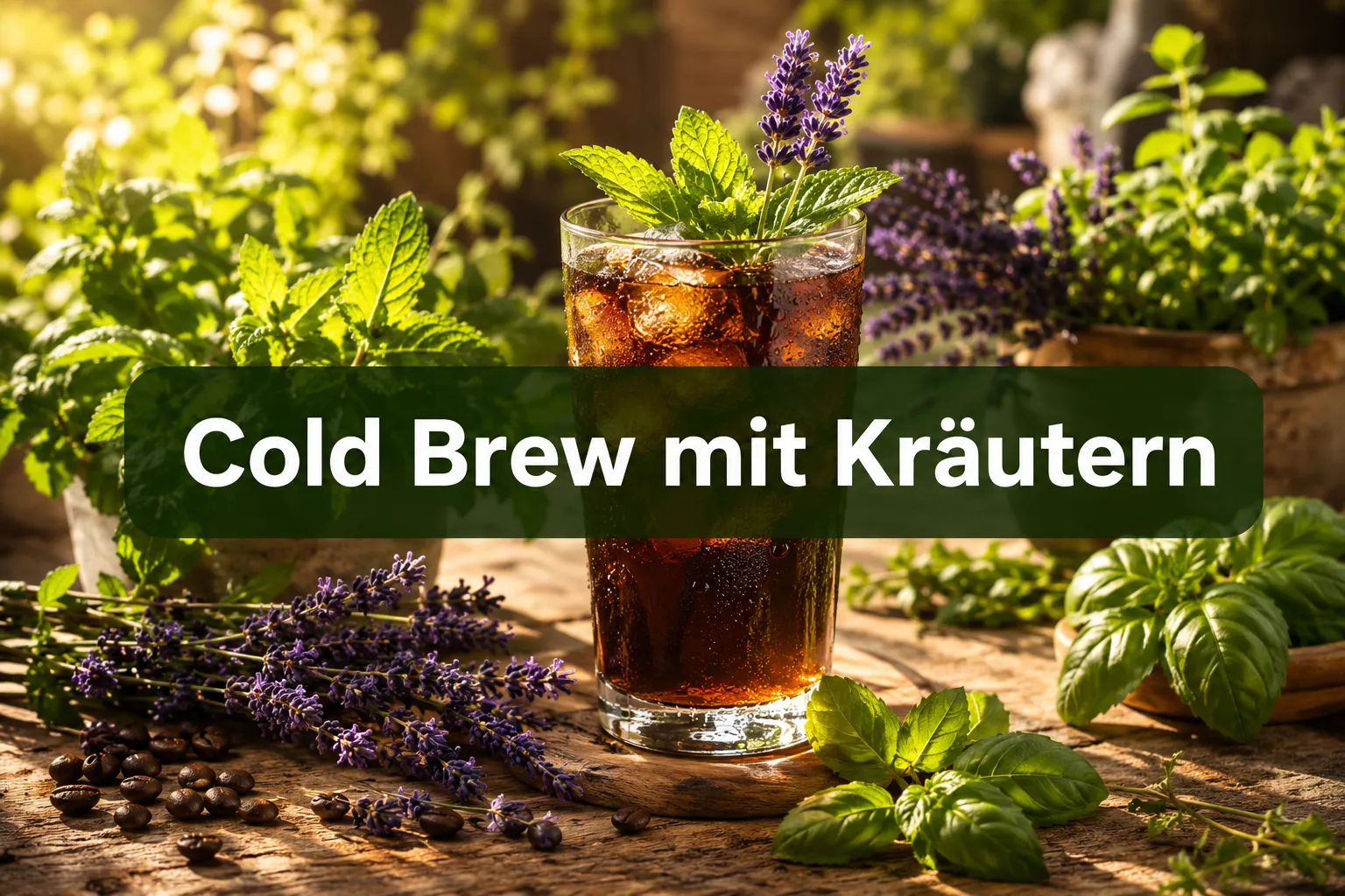Professional () hero image with (≤42 chars): 'Cold Brew mit Kräutern' in crisp white on a semi-transparent dark green panel,