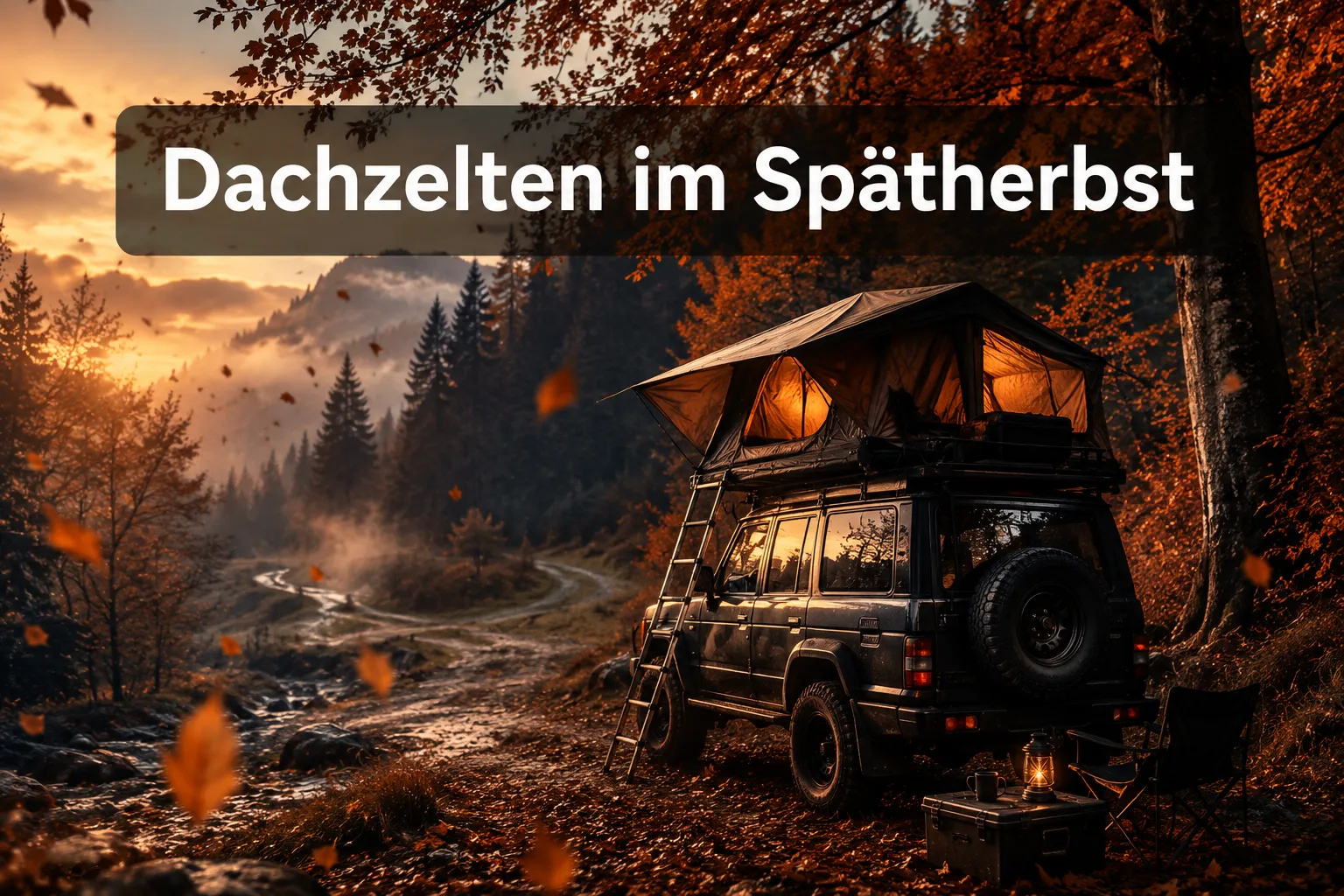 Dachzelten im Spätherbst: Versteckte Plätze und Tipps gegen die Kälte 1 Professional () hero image with (≤42 chars): 'Dachzelten im Spätherbst' in crisp white on a semi-transparent dark panel,