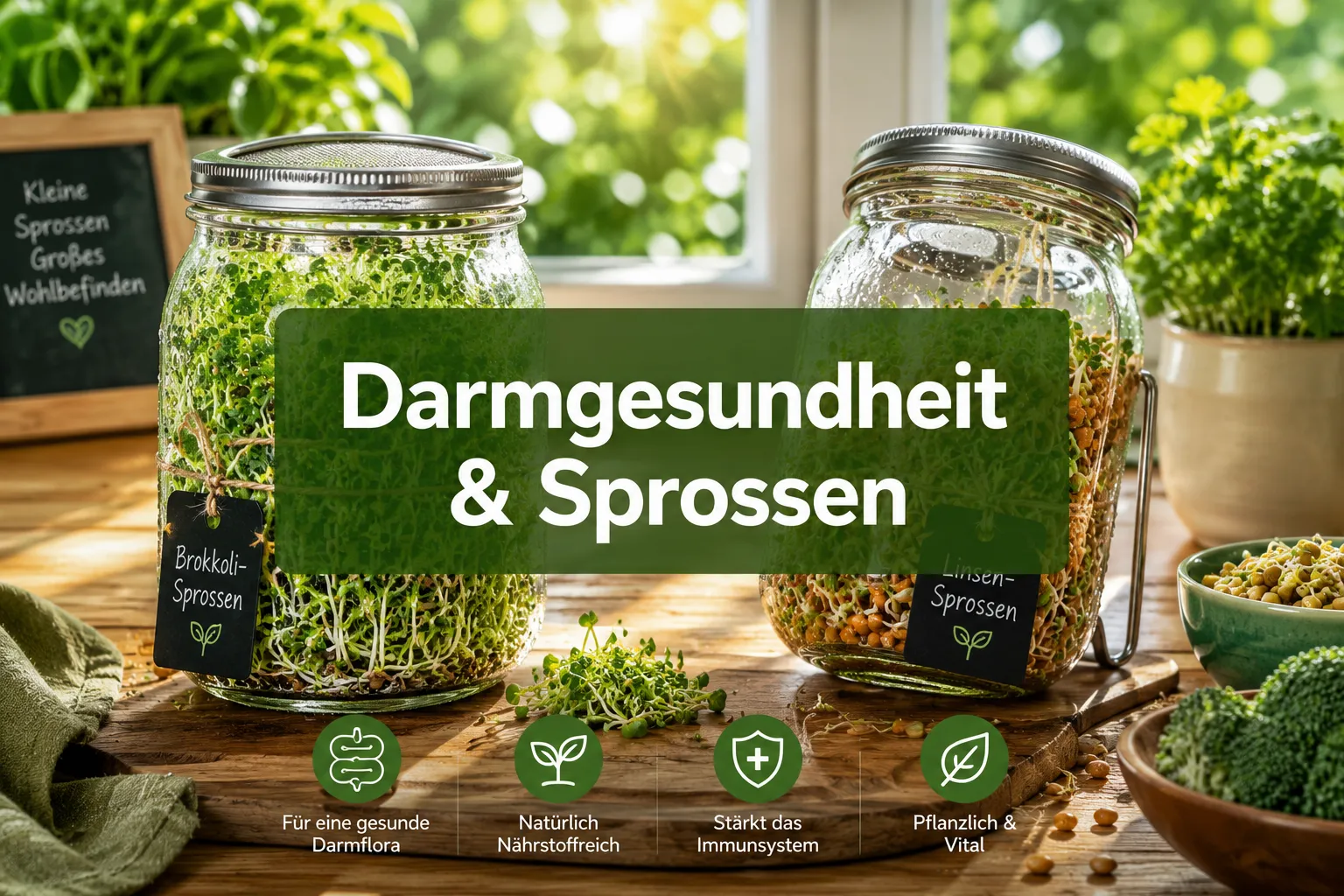 Professional () hero image with (≤42 chars): 'Darmgesundheit & Sprossen' in crisp white modern on a semi-transparent dark
