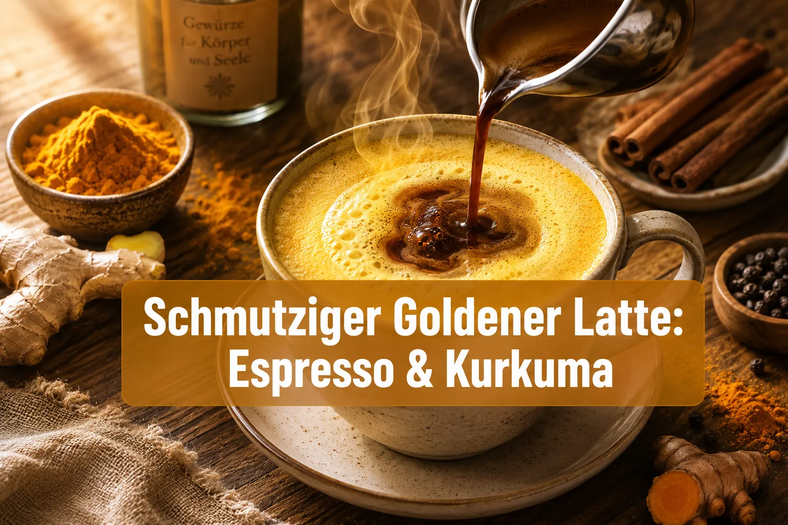 Professional () hero image with (≤42 chars): 'Dirty Golden Latte: Espresso & Kurkuma' in crisp white on a warm amber