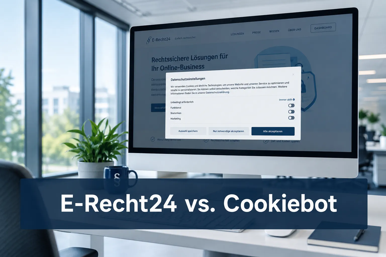 E-Recht24 vs. Cookiebot: Welches Tool macht SaaS-Landingpages 100 % DSGVO-konform? 1 Professional () hero image with (≤42 chars): 'E-Recht24 vs. Cookiebot' in crisp white on a deep navy semi-transparent panel,