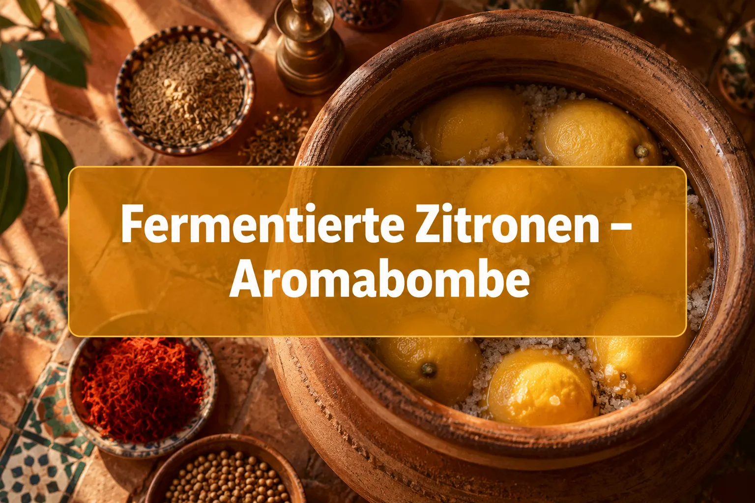 Professional () hero image with (≤42 chars): 'Fermentierte Zitronen – Aromabombe' in crisp white on a warm semi-transparent