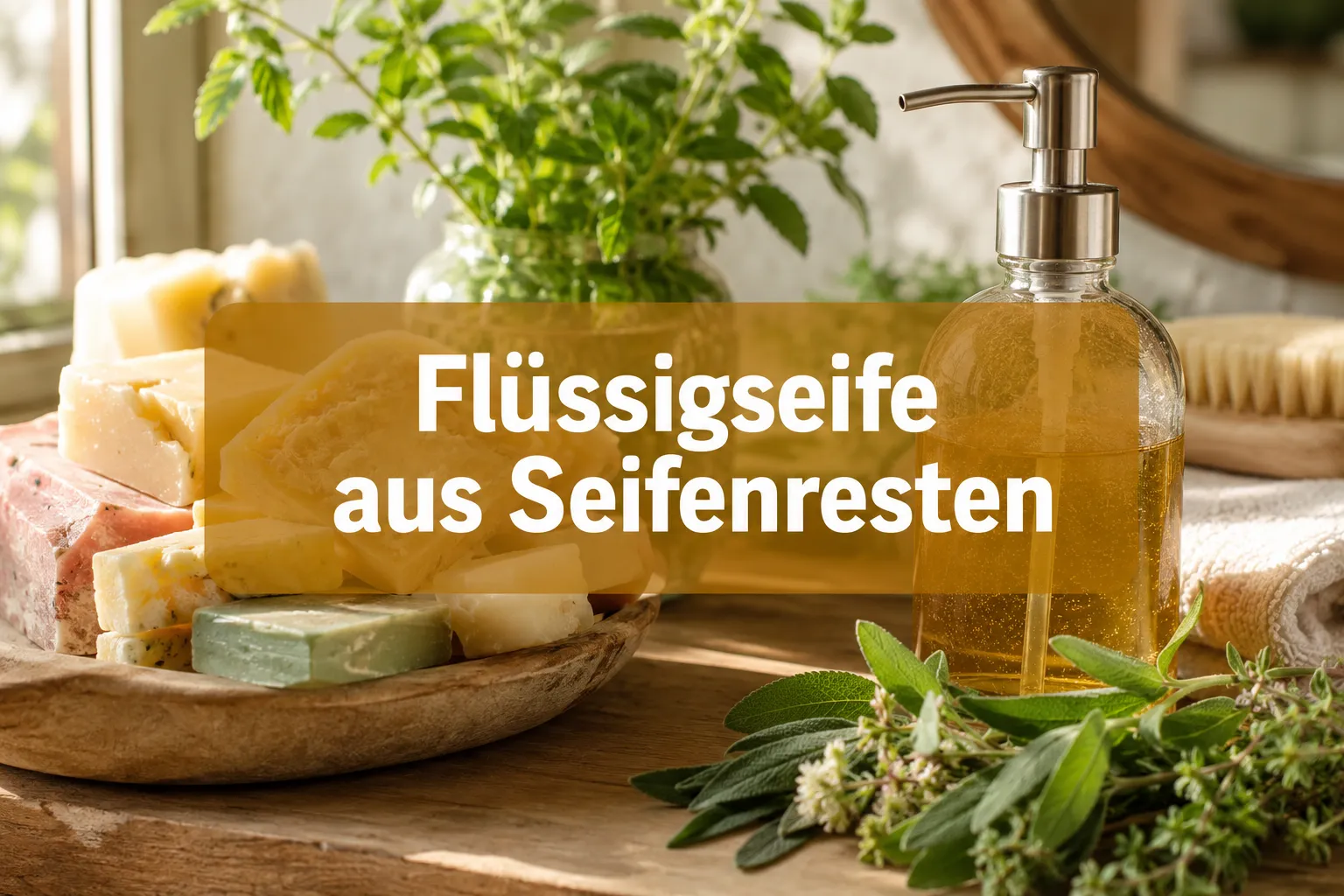 Flüssigseife aus Seifenresten selber machen: Einfaches Rezept ohne Zusätze 1 Professional () hero image with (≤42 chars): 'Flüssigseife aus Seifenresten' in crisp white centered on a warm