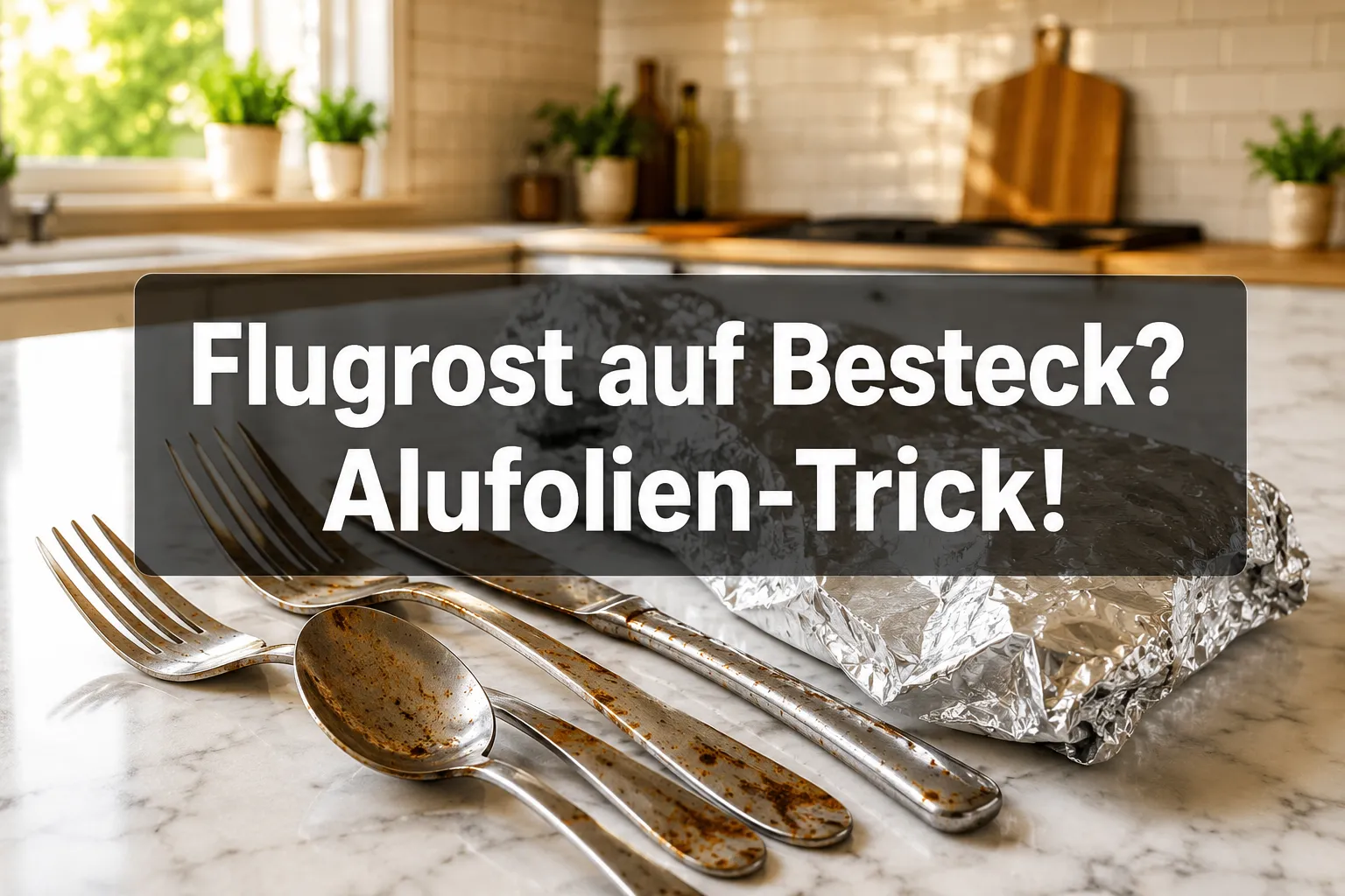 Was tun bei Flugrost auf Besteck aus der Spülmaschine? Der Alufolien-Trick 1 Professional () hero image with (≤42 chars): 'Flugrost auf Besteck? Alufolien-Trick!' in crisp white on a semi-transparent