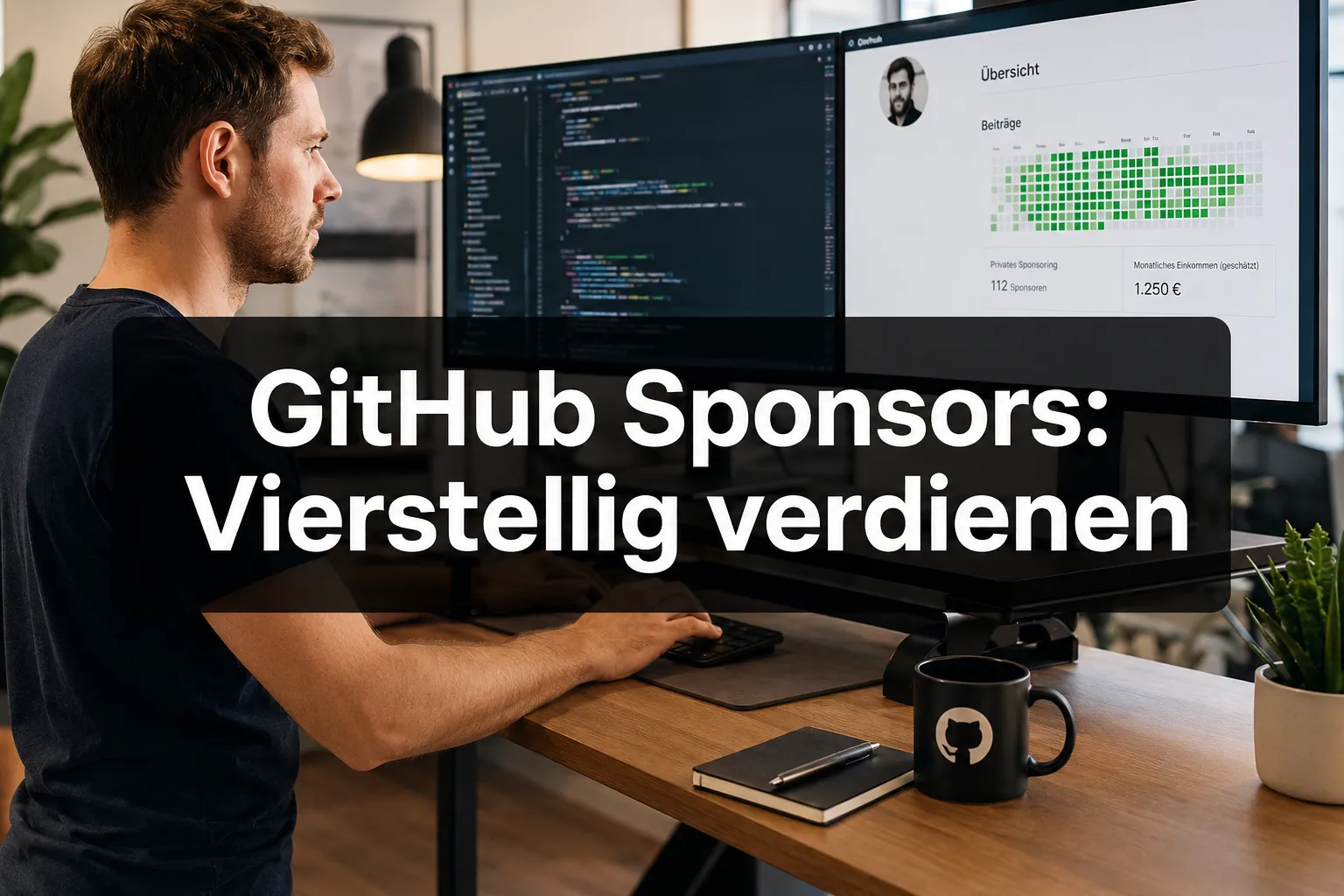 Wie du als Open-Source-Entwickler mit GitHub Sponsors monatlich vierstellig verdienst 1 Professional () hero image with (≤42 chars): 'GitHub Sponsors: Vierstellig verdienen' in crisp white on a dark
