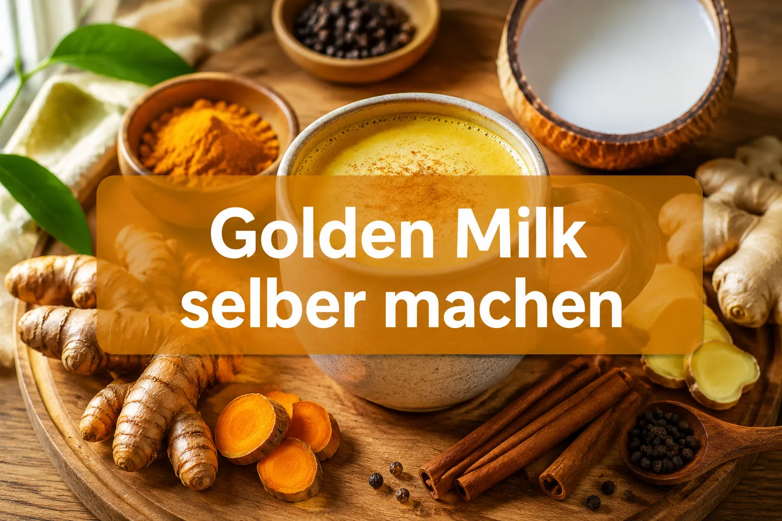 Golden Milk selber machen: Das beste Rezept gegen Entzündungen 1 Professional () hero image with (≤42 chars): 'Golden Milk selber machen' in crisp white centered on a warm amber