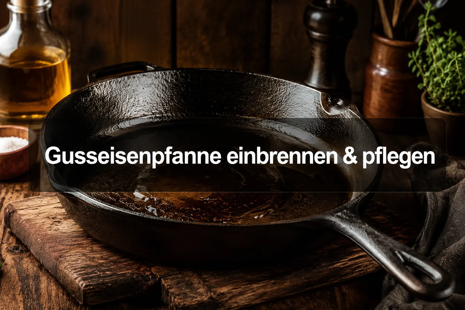 Professional () hero image with (≤42 chars): 'Gusseisenpfanne einbrennen & pflegen' in crisp white on a dark