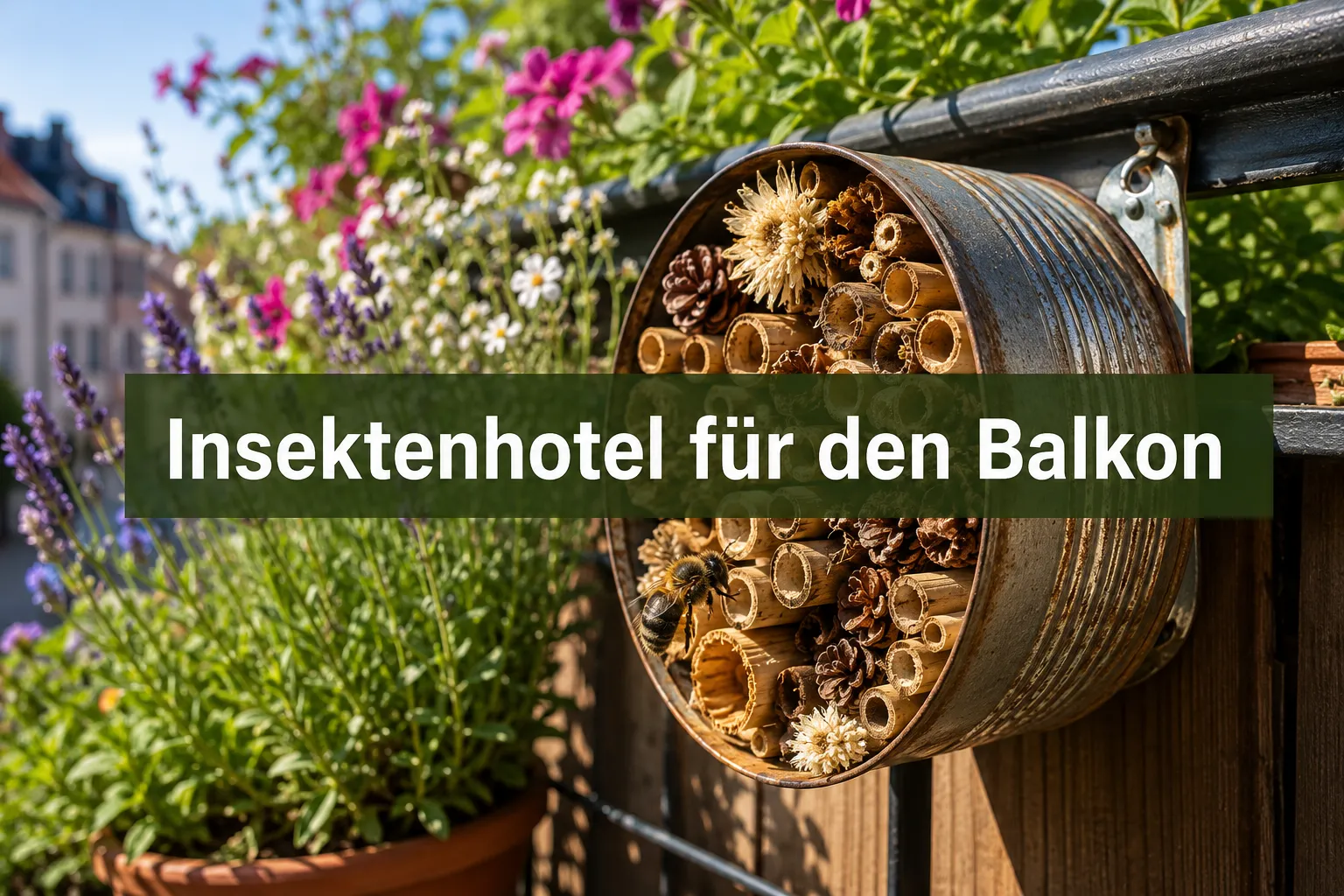 Insektenhotel für den Balkon: Bauanleitung aus einer alten Konservendose 1 Professional () hero image with (≤42 chars): 'Insektenhotel für den Balkon' in crisp white on a semi-transparent dark green