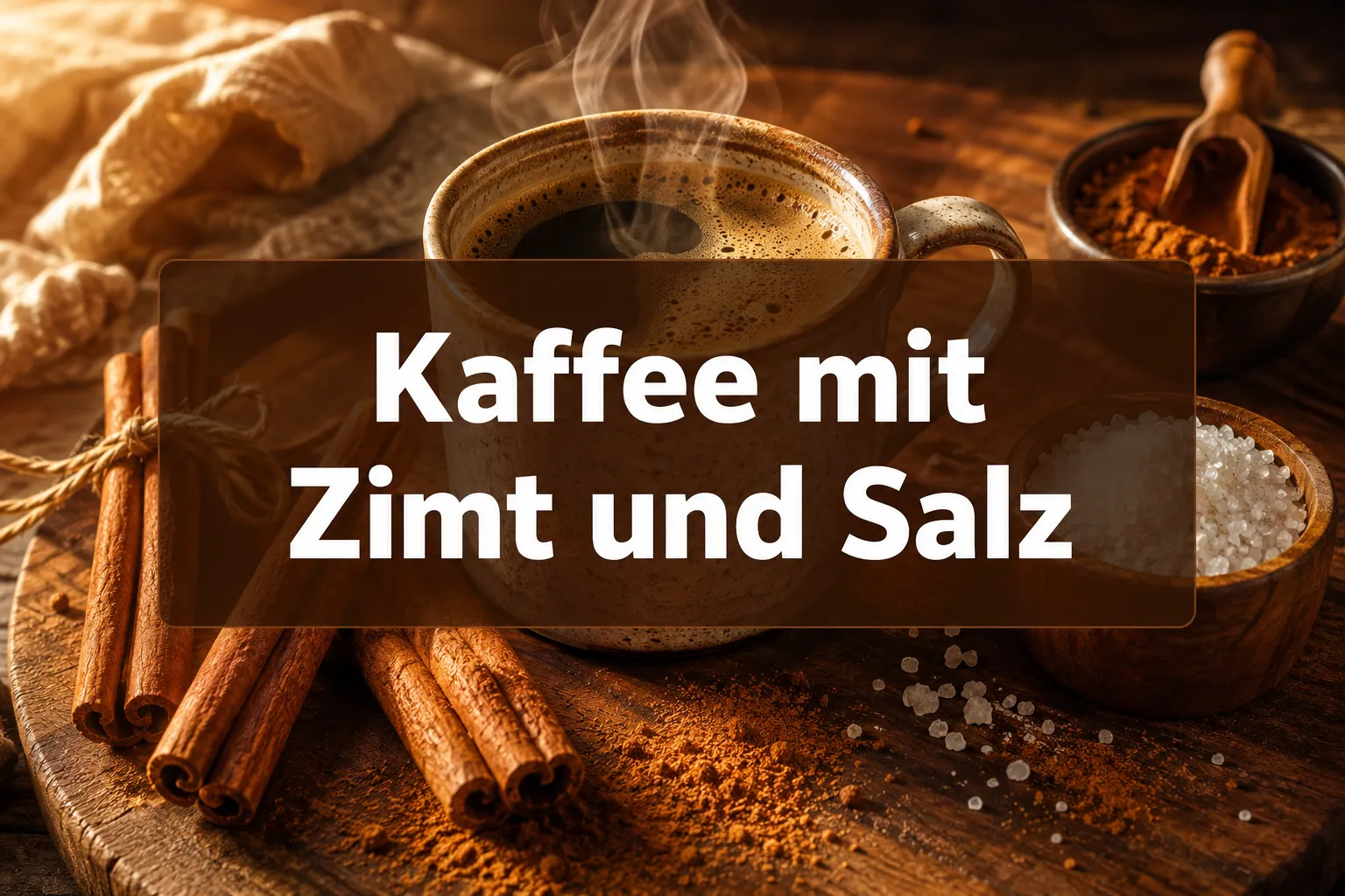 Professional () hero image with (≤42 chars): 'Kaffee mit Zimt und Salz' in crisp white on a warm semi-transparent dark brown