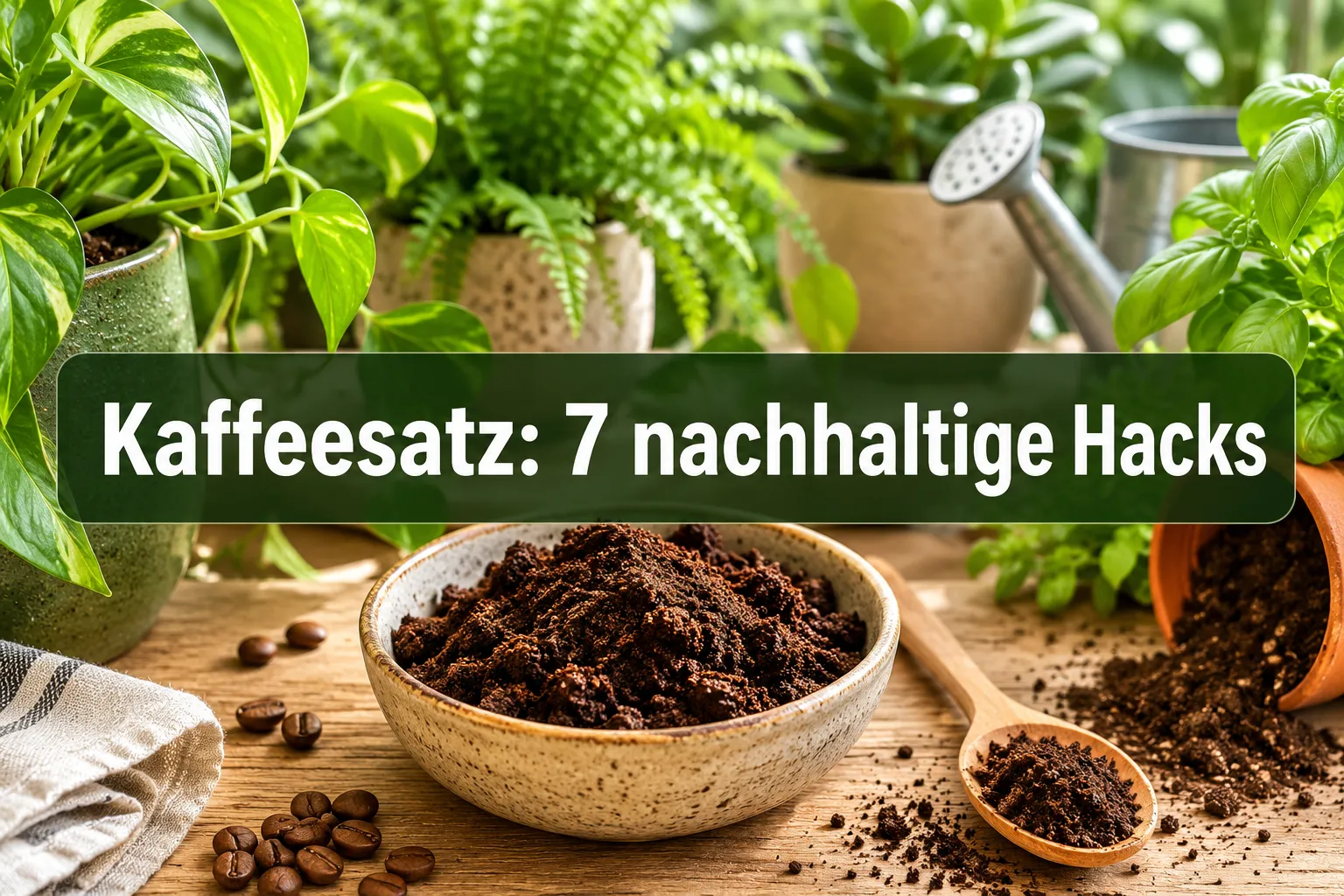 Professional () hero image with (≤42 chars): 'Kaffeesatz: 7 nachhaltige Hacks' in crisp white on a semi-transparent dark