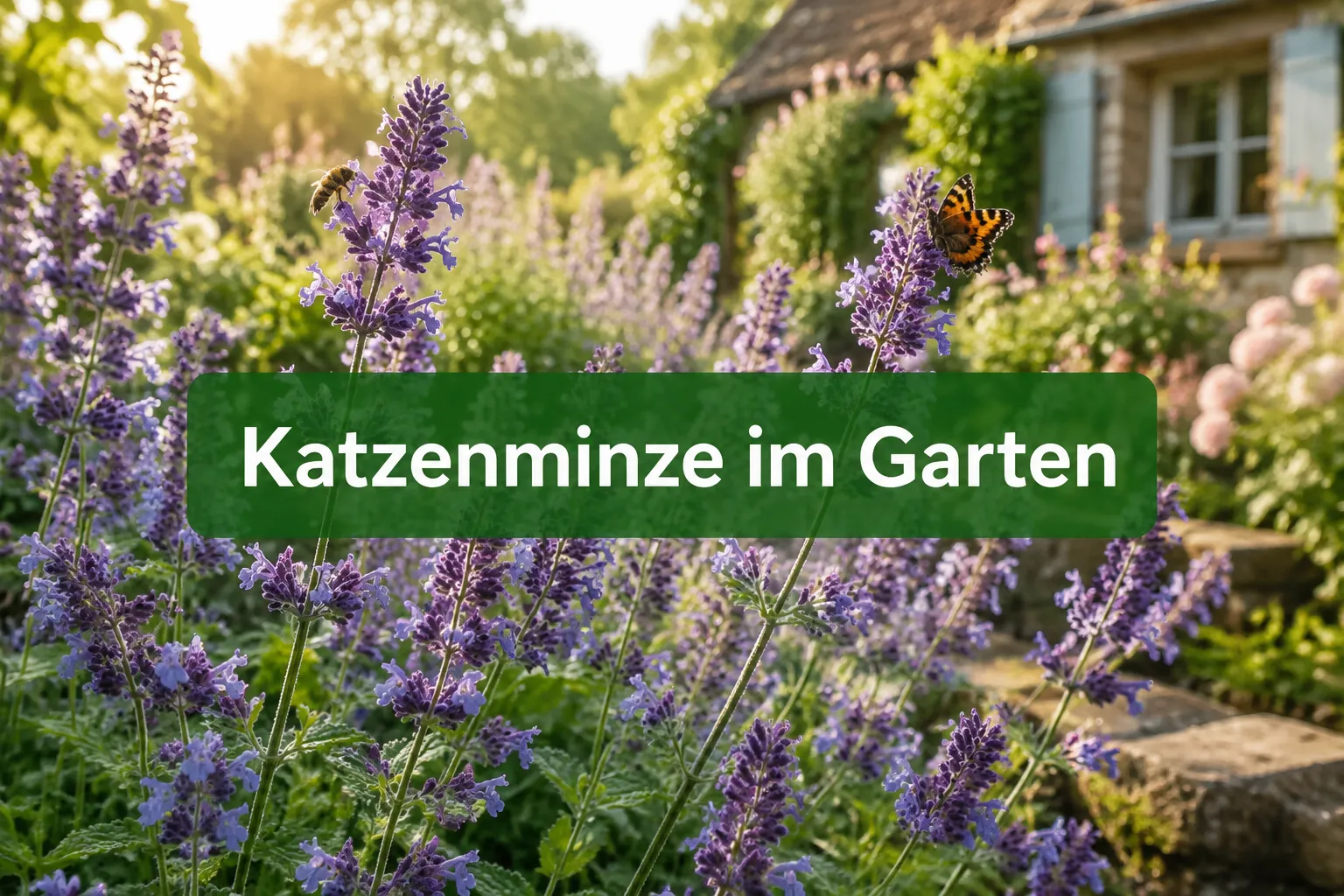 Professional () hero image with (≤42 chars): 'Katzenminze im Garten' in crisp white on a semi-transparent deep-green panel,