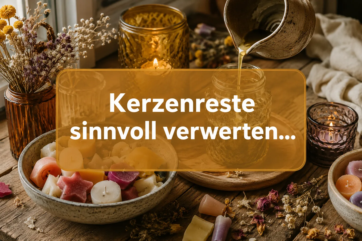 Kerzenreste sinnvoll verwerten: Duftkerzen im Altglas einfach selber gießen 1 Professional () hero image with (≤42 chars): 'Kerzenreste sinnvoll verwerten…' in crisp white centered on a warm amber