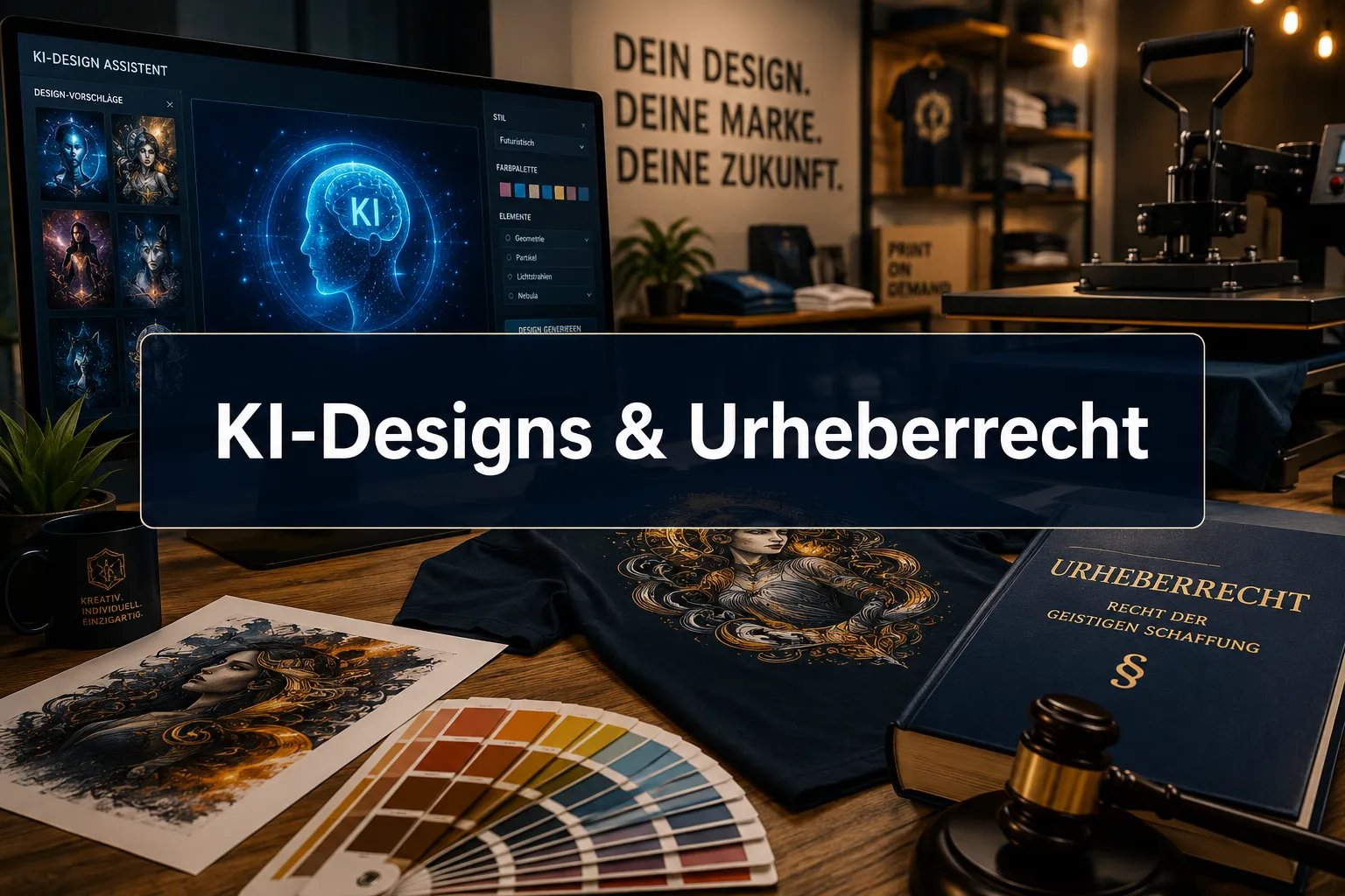 Print-on-Demand mit KI-Designs: Rechtliche Fallstricke beim gewerblichen Urheberrecht 1 Professional () hero image with (≤42 chars): 'KI-Designs & Urheberrecht' in crisp white on a semi-transparent dark navy