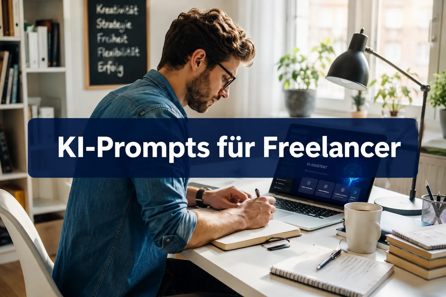 Professional () hero image with (≤42 chars): 'KI-Prompts für Freelancer' in crisp white on a deep navy semi-transparent
