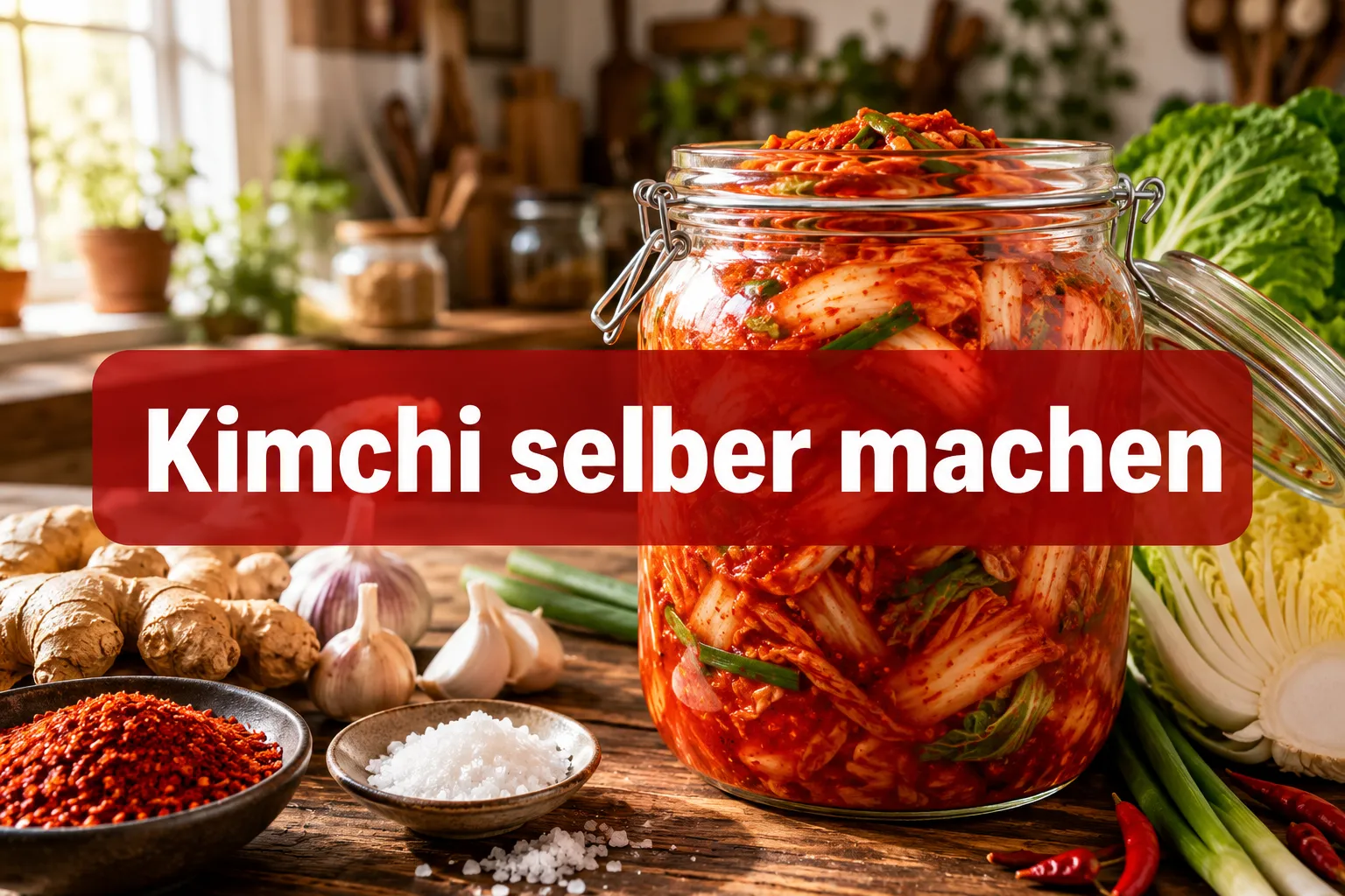 Professional () hero image with (≤42 chars): 'Kimchi selber machen' in crisp white on a deep red semi-transparent panel,