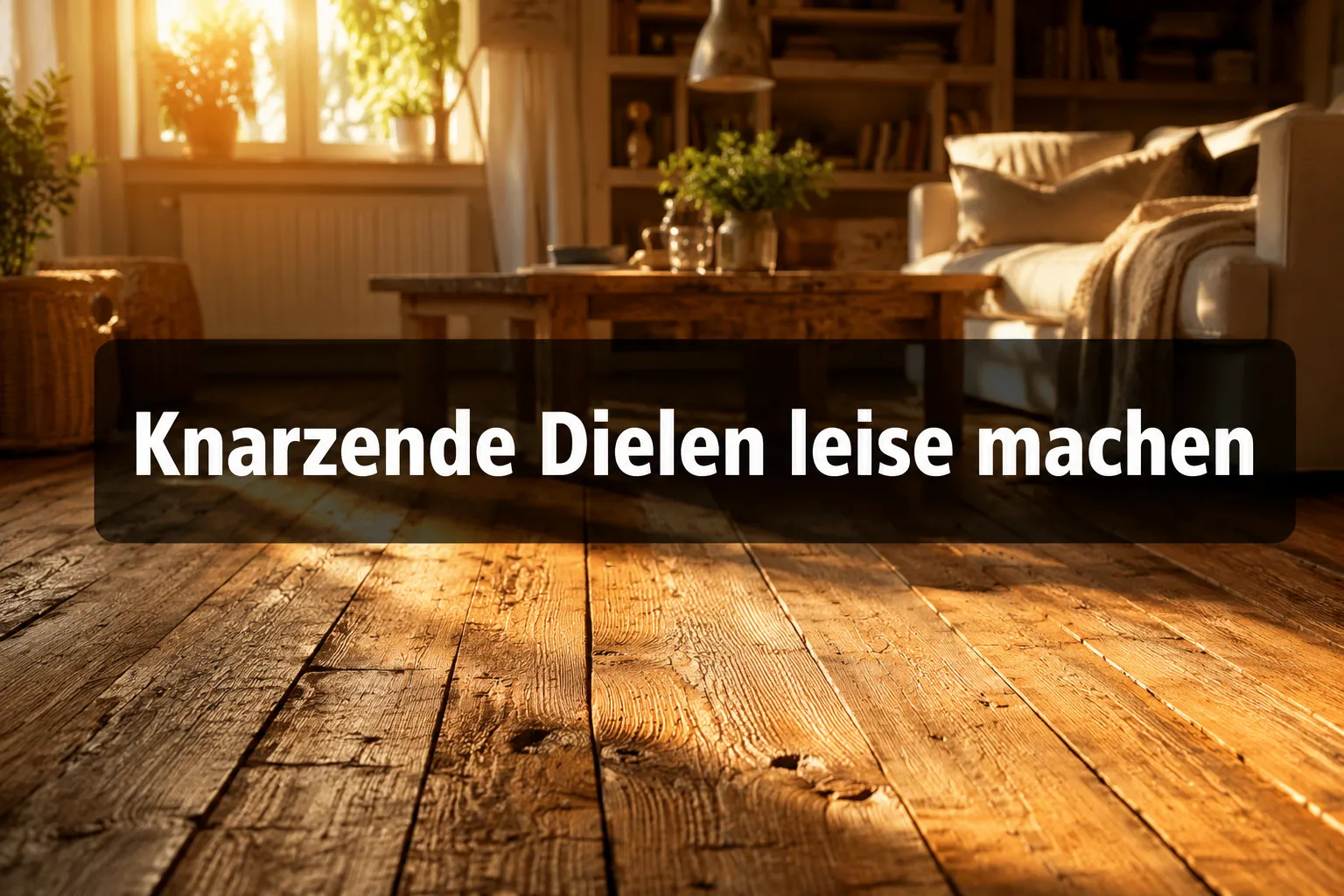 Professional () hero image with (≤42 chars): 'Knarzende Dielen leise machen' in crisp white on a semi-transparent dark
