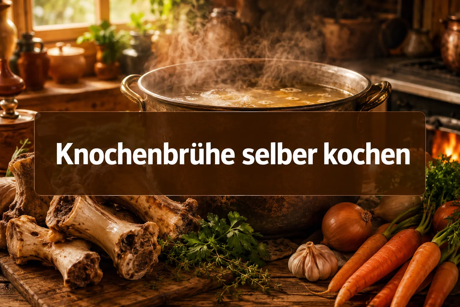 Bone Broth selber kochen: Die Zubereitung der ultimativen Knochenbrühe 1 Professional () hero image with (≤42 chars): 'Knochenbrühe selber kochen' in crisp white on a warm semi-transparent dark