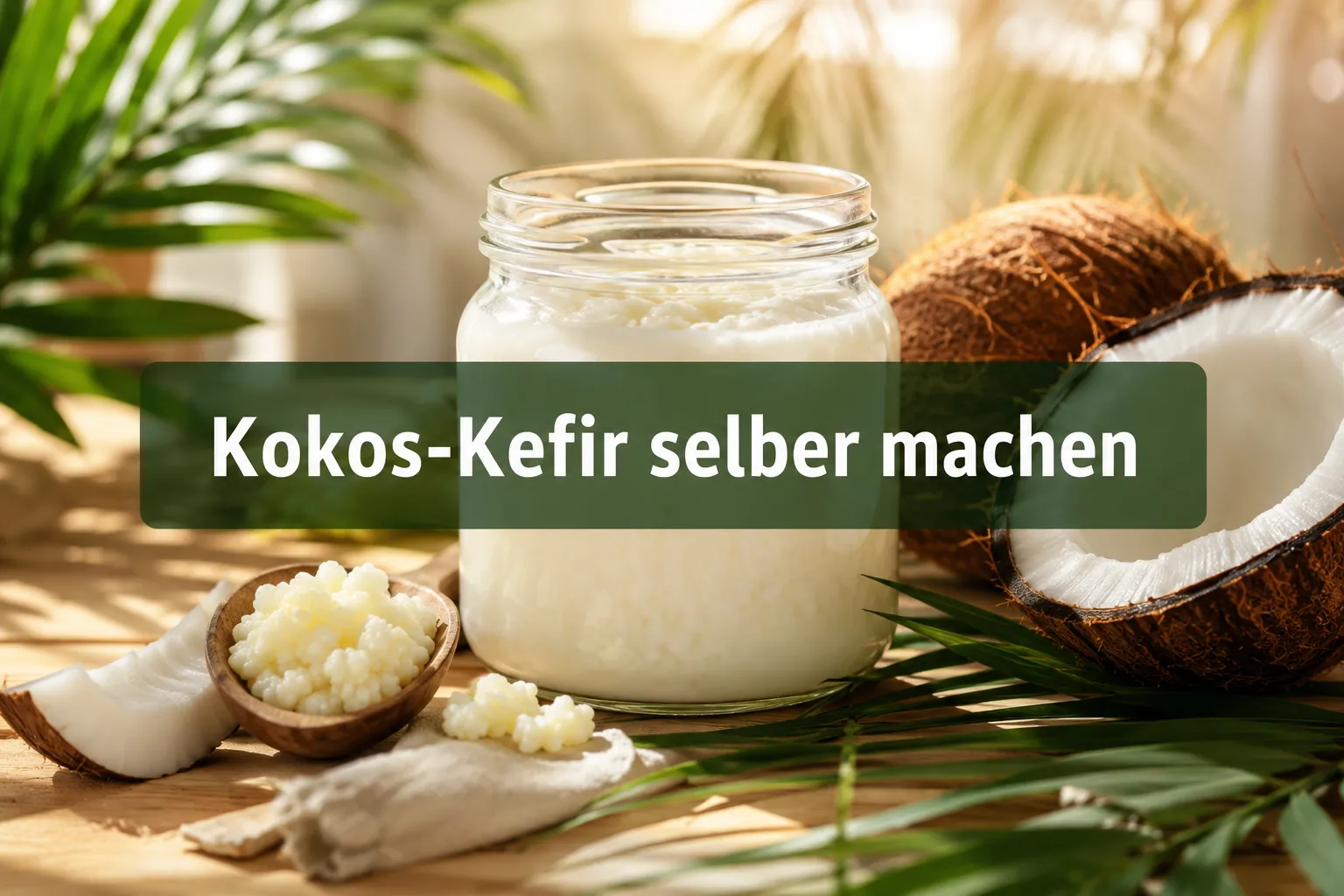 Kokos-Kefir selber machen: Die vegane Probiotika-Alternative 1 Professional () hero image with (≤42 chars): 'Kokos-Kefir selber machen' in crisp white on a semi-transparent dark green