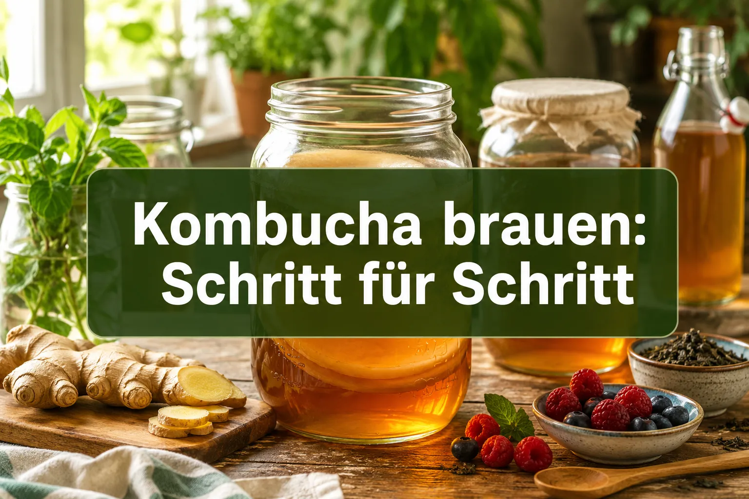 Kombucha brauen: Schritt-für-Schritt-Anleitung von der Erst- bis Zweitfermentation 1 Professional () hero image with (≤42 chars): 'Kombucha brauen: Schritt für Schritt' in crisp white on a semi-transparent