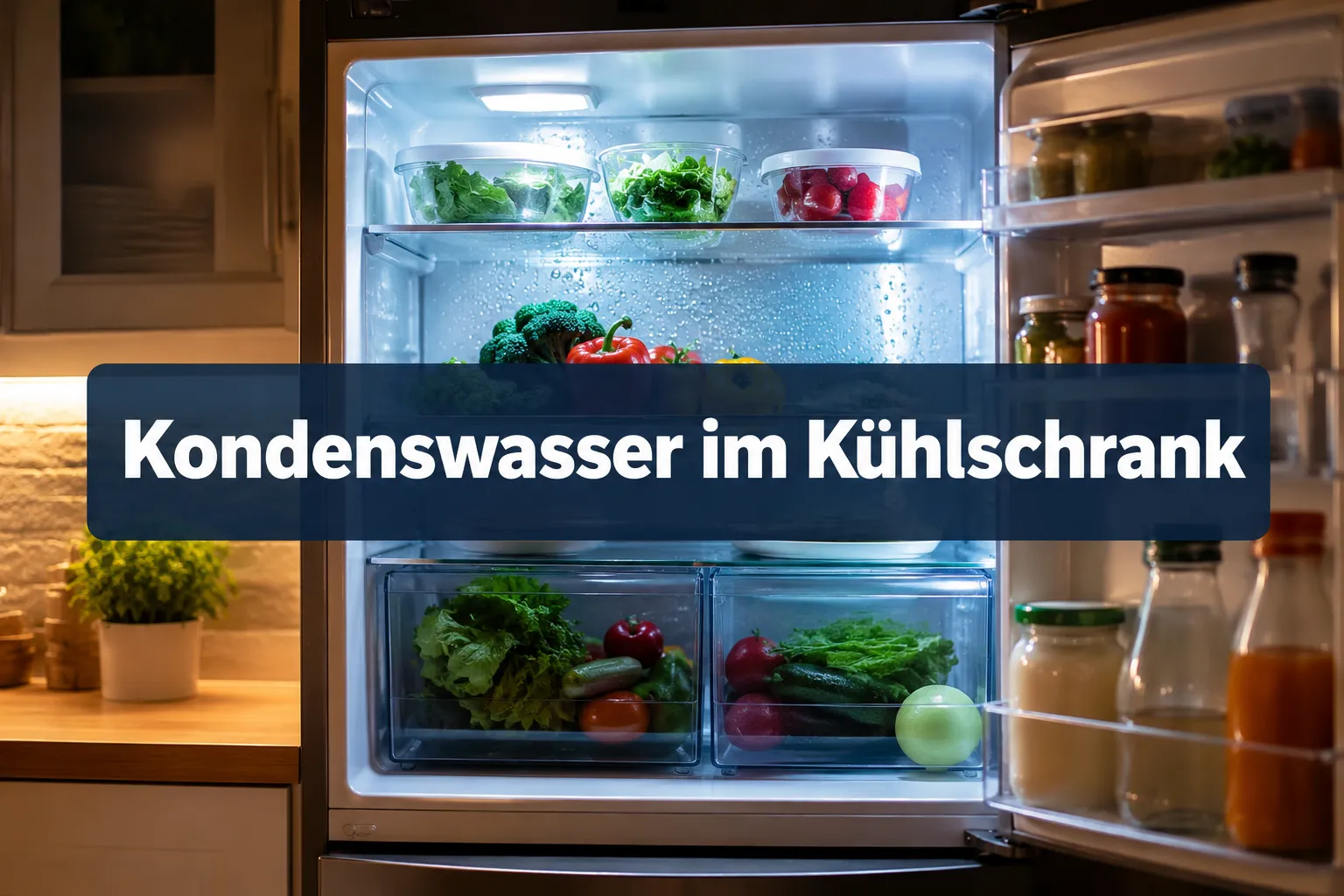 Professional () hero image with (≤42 chars): 'Kondenswasser im Kühlschrank' in crisp white on a semi-transparent dark navy