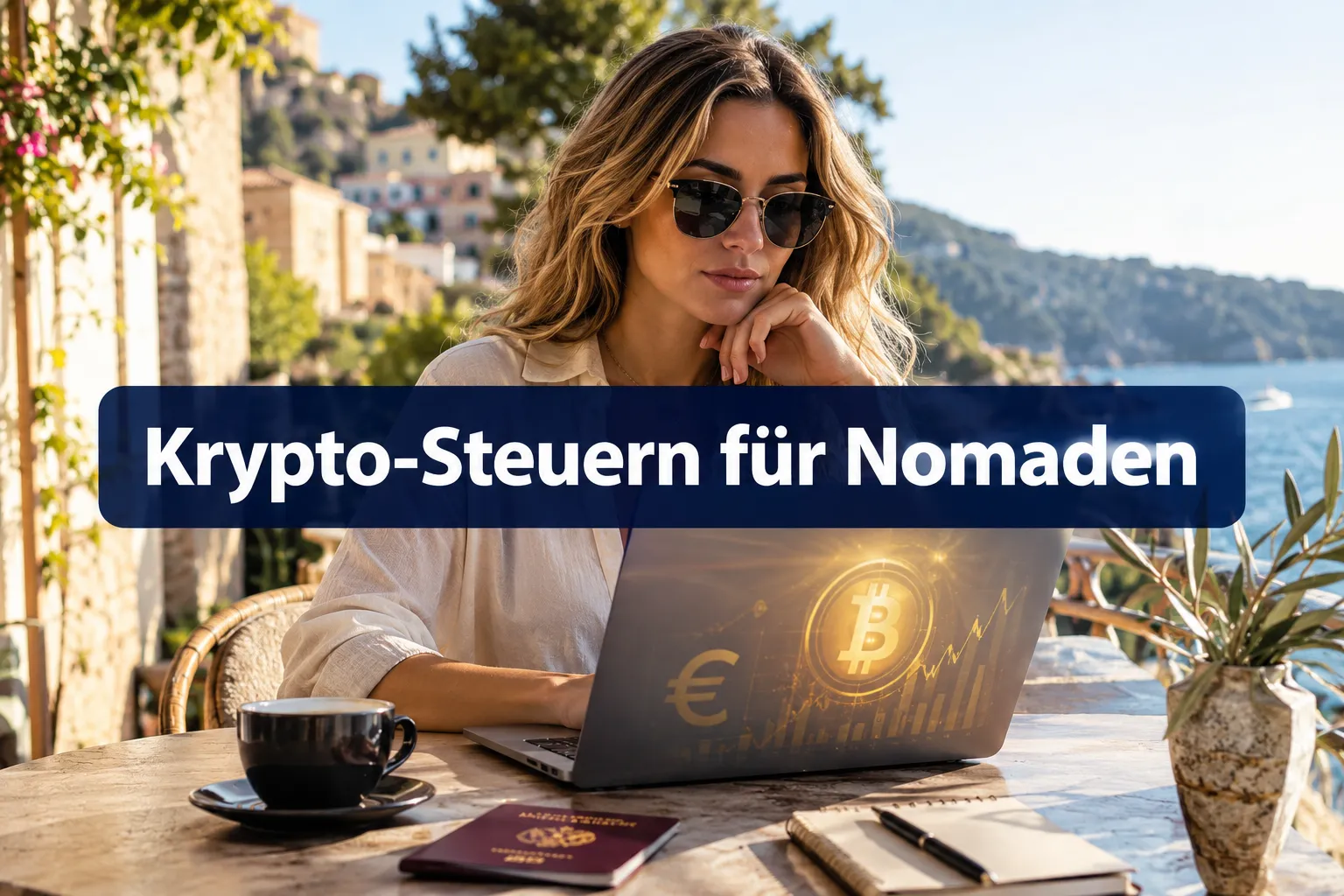 Professional () hero image with (≤42 chars): 'Krypto-Steuern für Nomaden' in crisp white centered on a deep navy