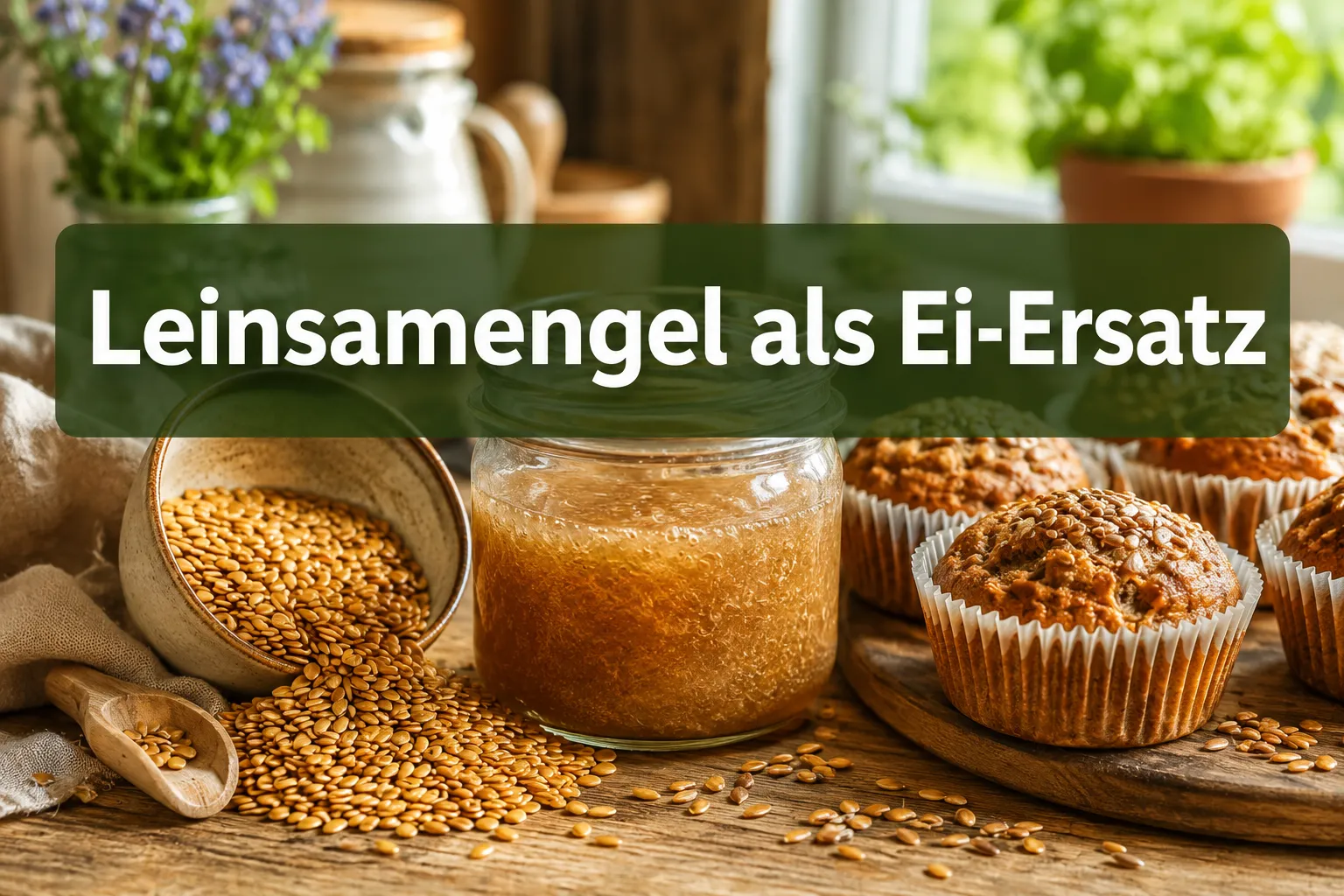 Leinsamengel als Ei-Ersatz: Der gesunde Bindemittel-Hack beim Backen 1 Professional () hero image with (≤42 chars): 'Leinsamengel als Ei-Ersatz' in crisp white on a semi-transparent dark green