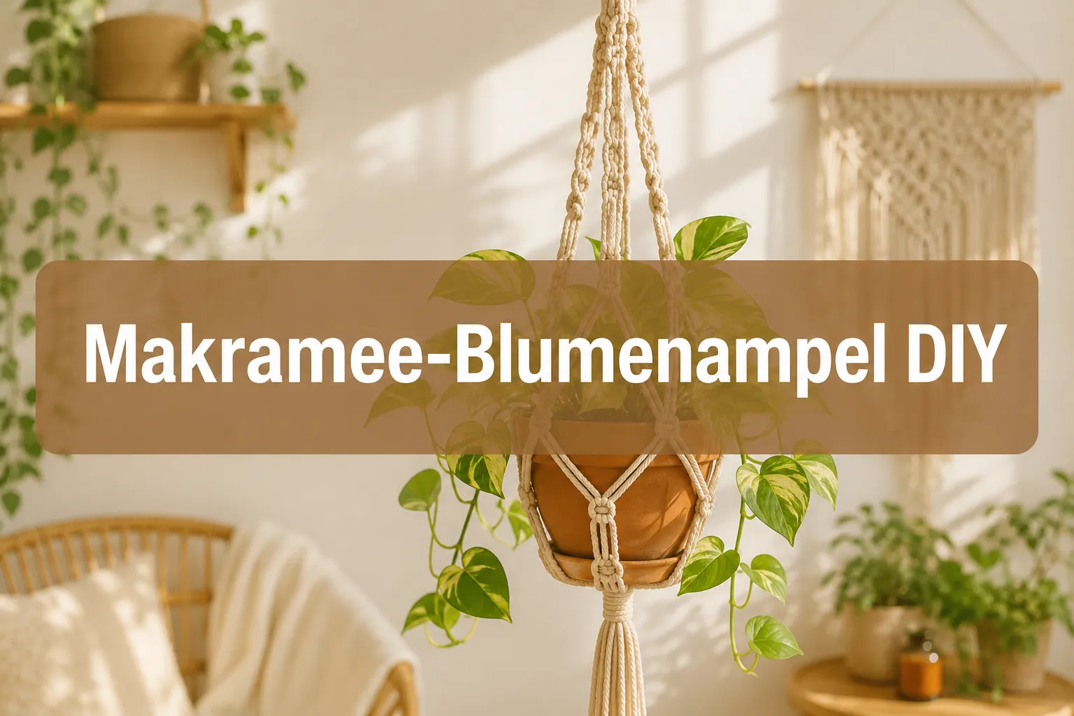 Professional () hero image with (≤42 chars): 'Makramee-Blumenampel DIY' in crisp white on a warm semi-transparent