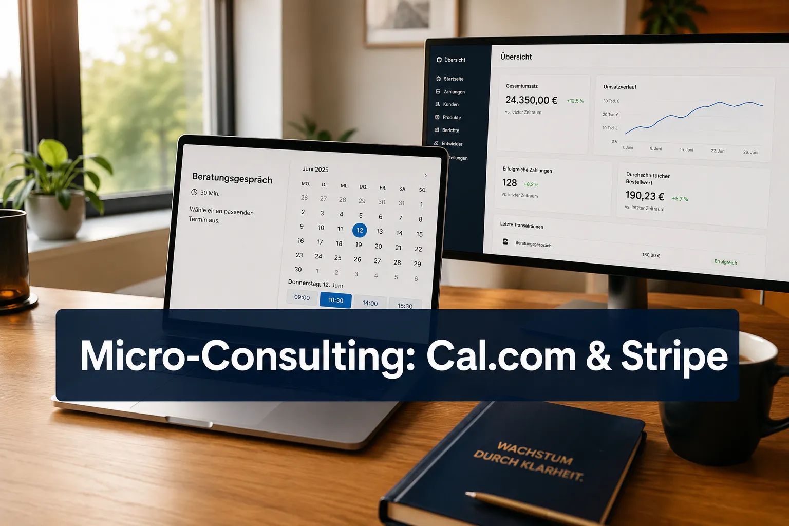Micro-Consulting über Cal.com und Stripe: Monetarisiere dein Expertenwissen minutengenau 1 Professional () hero image with (≤42 chars): 'Micro-Consulting: Cal.com & Stripe', white on a deep navy semi-transparent
