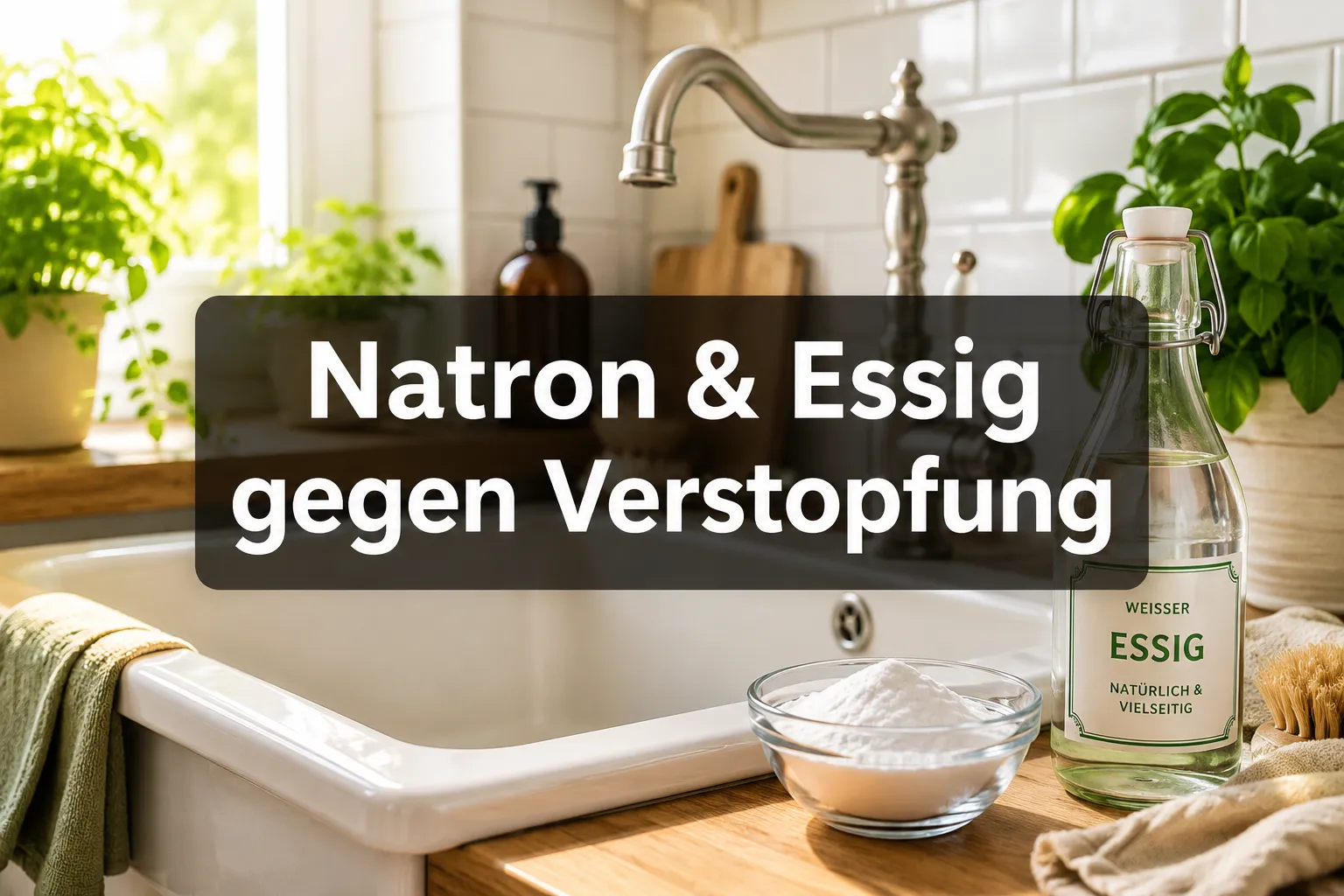 Professional () hero image with (≤42 chars): 'Natron & Essig gegen Verstopfung', white on a semi-transparent dark panel,