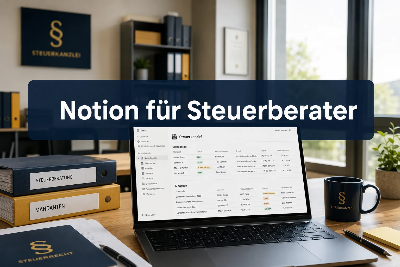Notion für Steuerberater: Digitale Vorlagen für die effiziente Mandantenbetreuung 1 Professional () hero image with (≤42 chars): 'Notion für Steuerberater' in crisp white on a deep navy semi-transparent