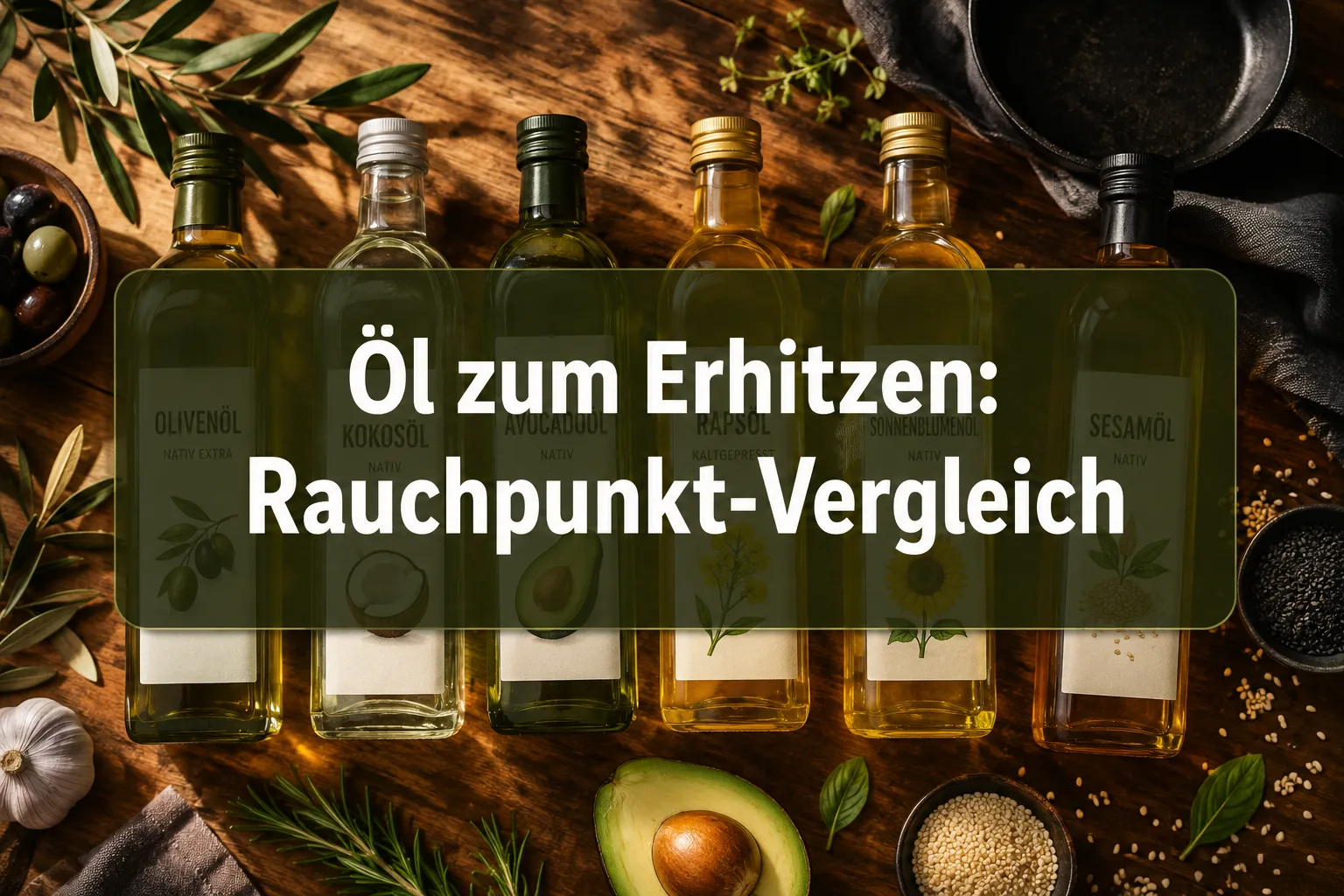 Welches Öl eignet sich zum Erhitzen? Der Rauchpunkt-Vergleich 1 Professional () hero image with (≤42 chars): 'Öl zum Erhitzen: Rauchpunkt-Vergleich' in crisp white on a deep