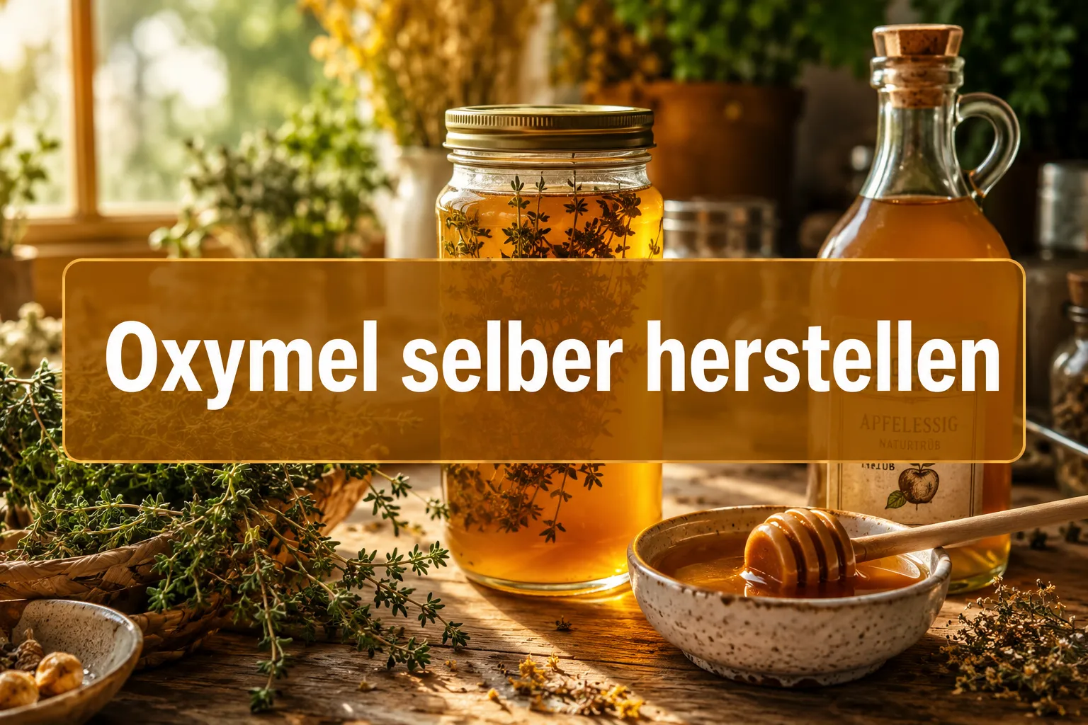 Oxymel selber herstellen: Das alte Hausmittel aus Essig und Honig 1 Professional () hero image with (≤42 chars): 'Oxymel selber herstellen' in crisp white on a warm amber semi-transparent