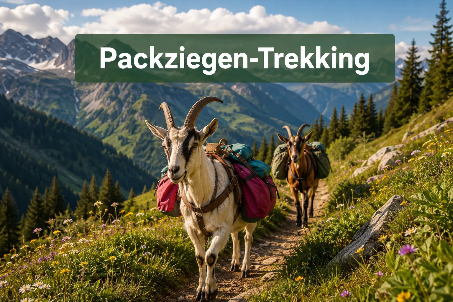 Professional () hero image with (≤42 chars): 'Packziegen-Trekking' in crisp white on a semi-transparent dark green panel,
